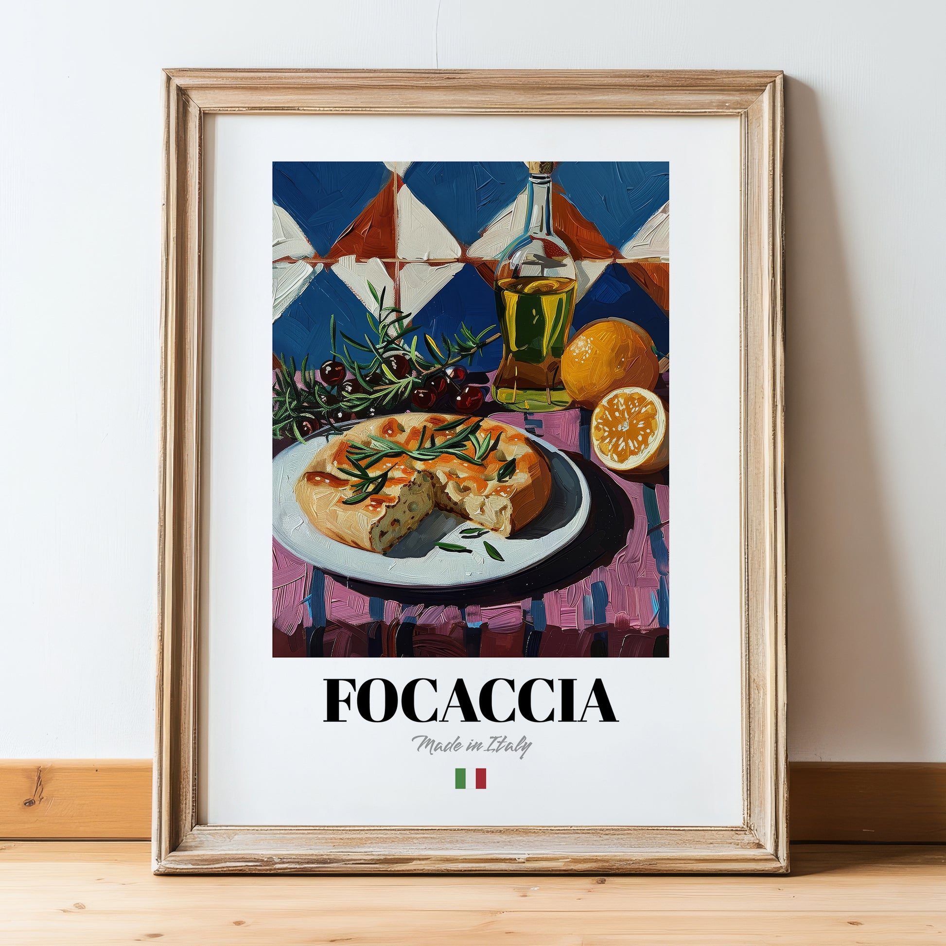 Focaccia – Italian Bread Dish, Tavern Poster, in wooden frame leaning on the floor