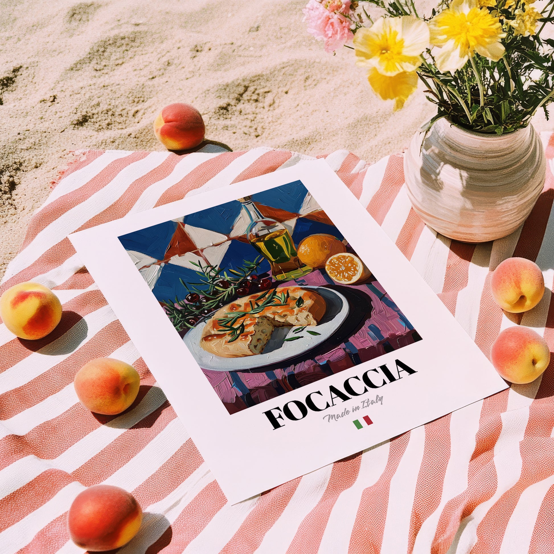 Focaccia – Italian Bread Dish, Tavern Poster, unframed on coastal sand
