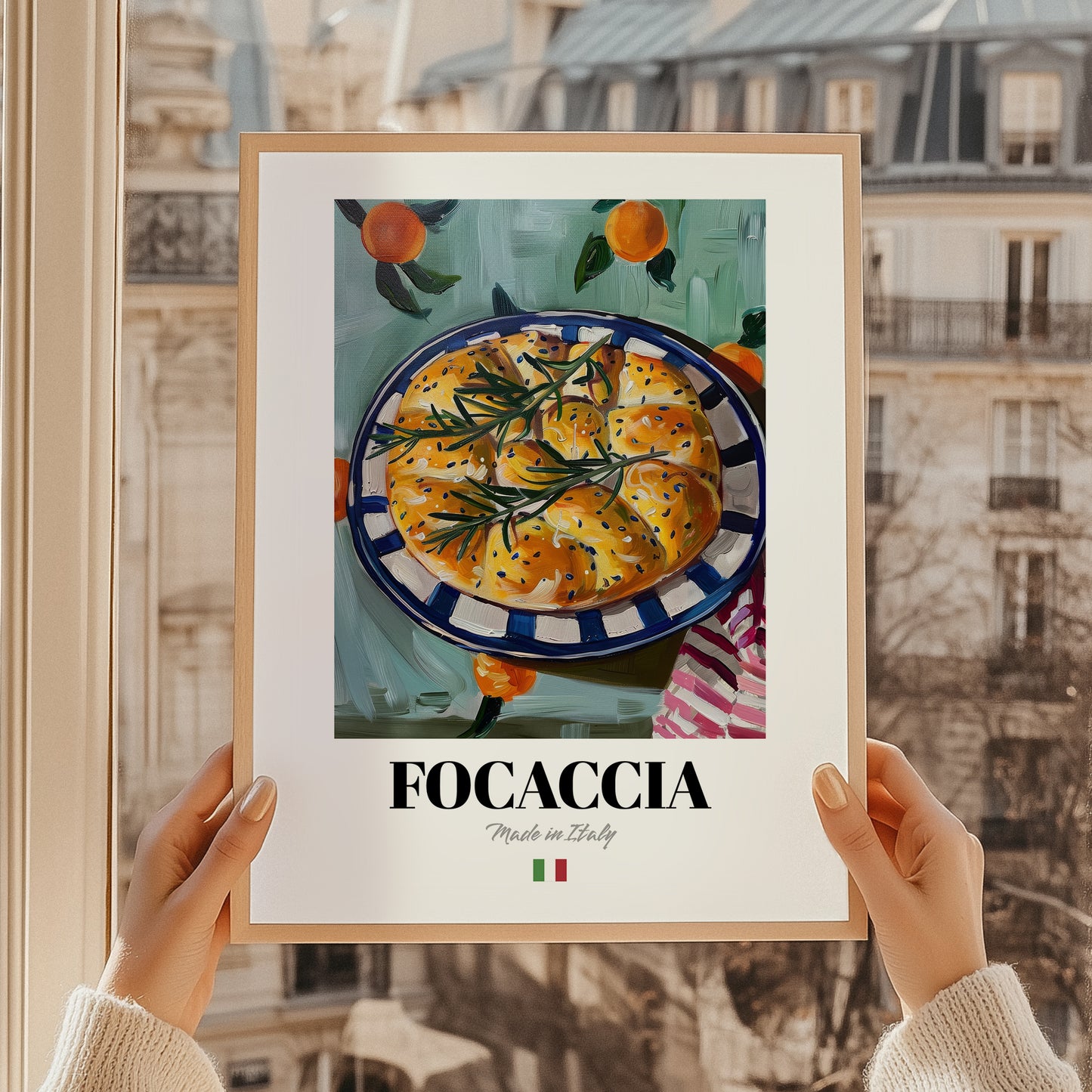 Focaccia – Italian Bread Dish, Café Poster, styled in a charming Paris street view