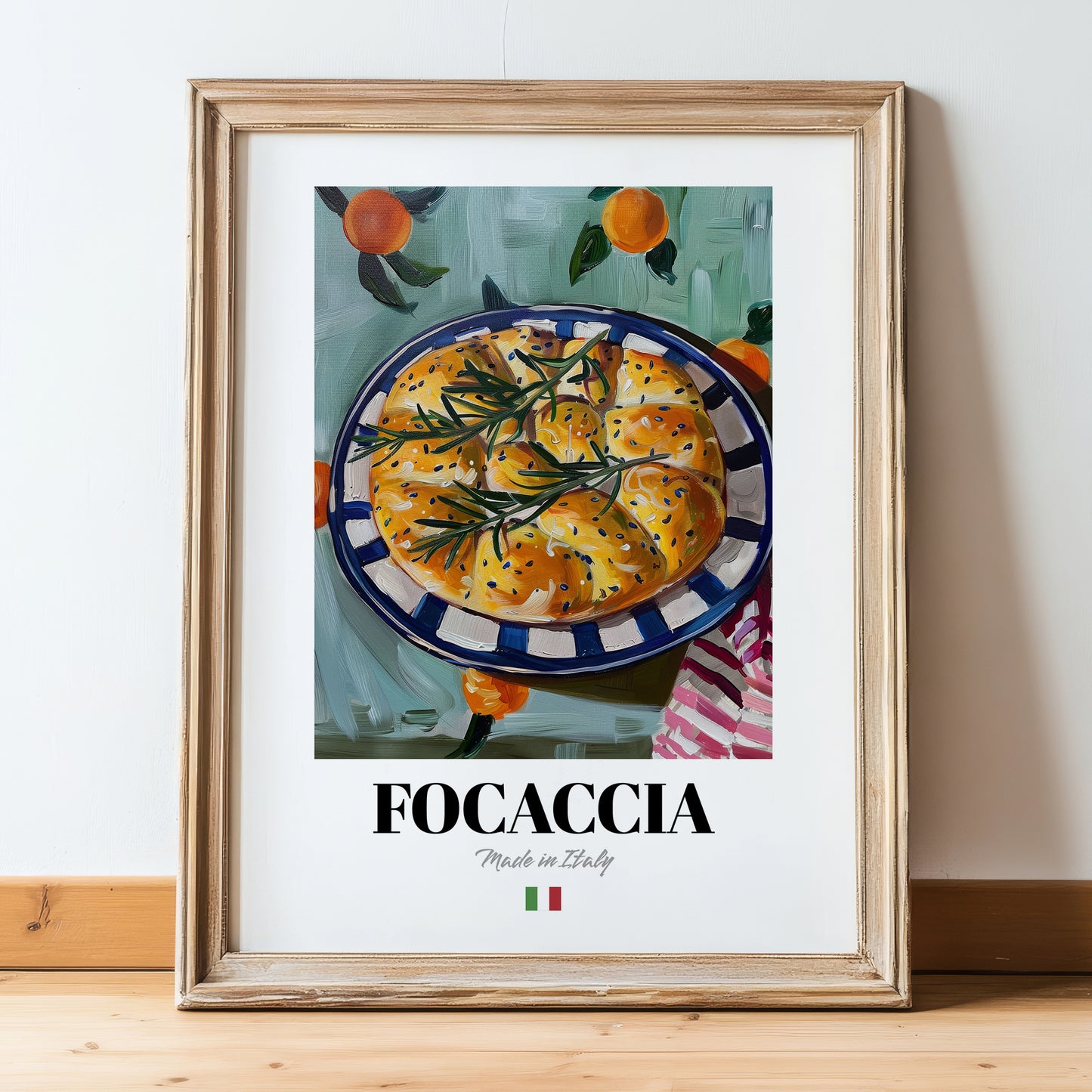 Focaccia – Italian Bread Dish, Café Poster, in wooden frame leaning on the floor