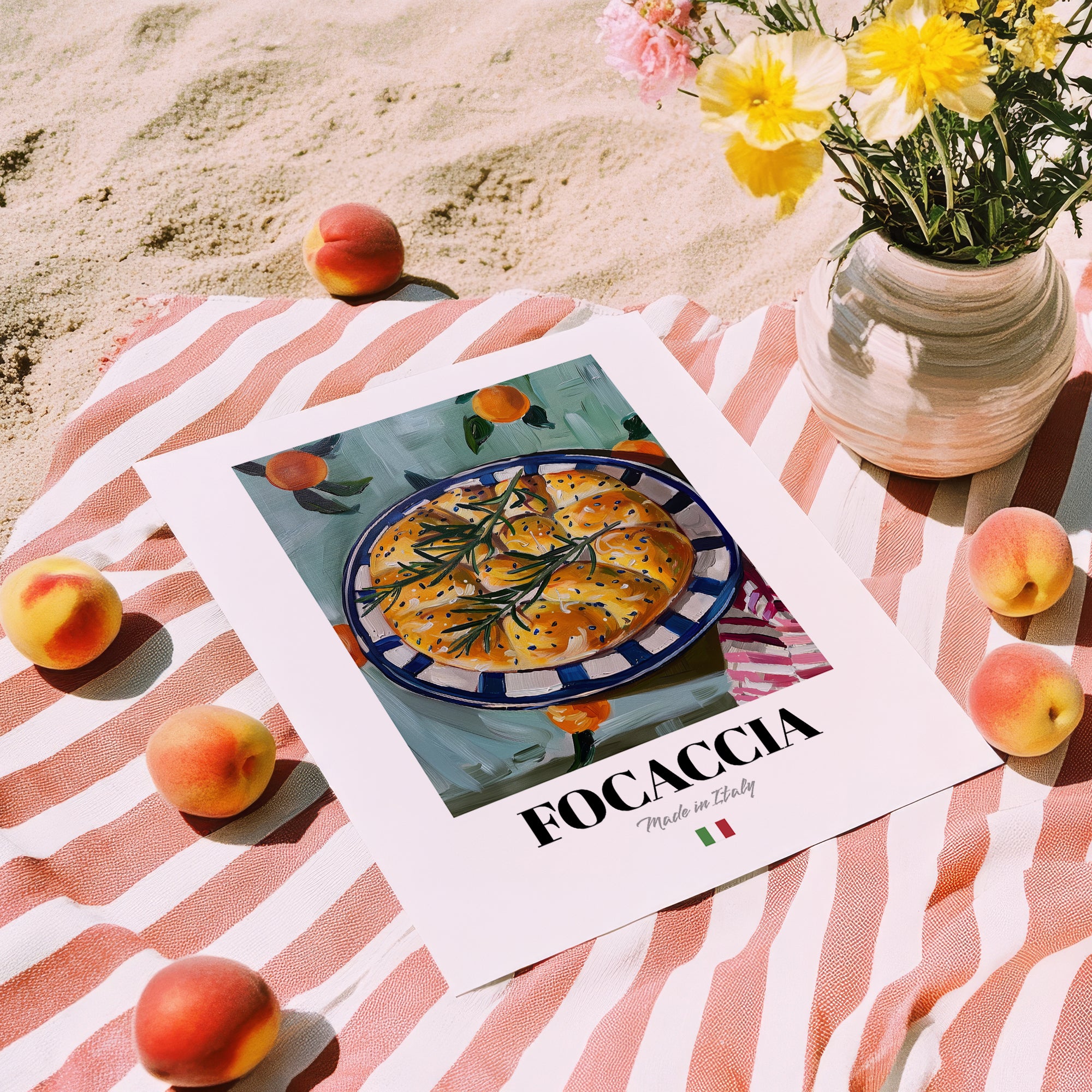 Focaccia – Italian Bread Dish, Café Poster, unframed on coastal sand