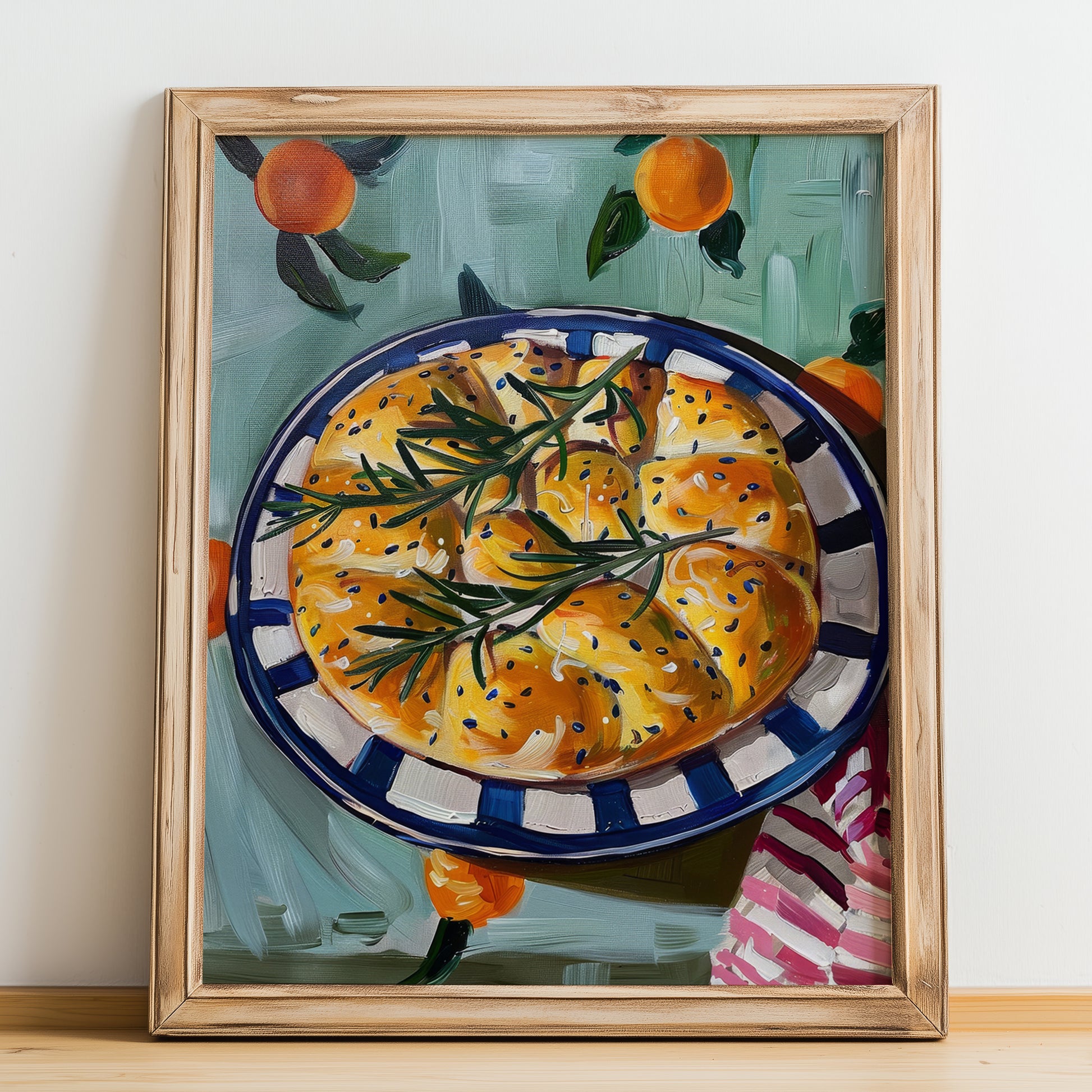 Focaccia – Italian Bread Dish, Café Poster, no-text version framed in wood
