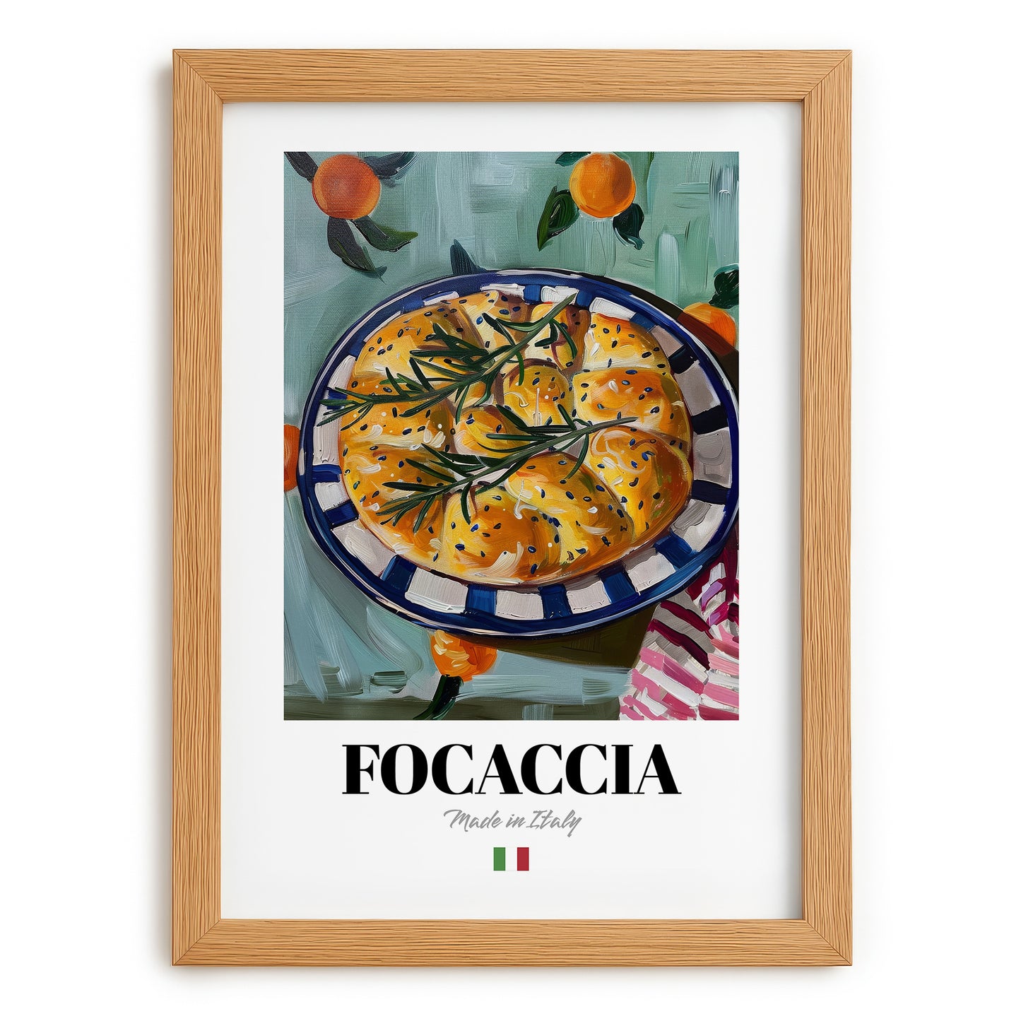 Focaccia – Italian Bread Dish, Café Poster, set in oak frame