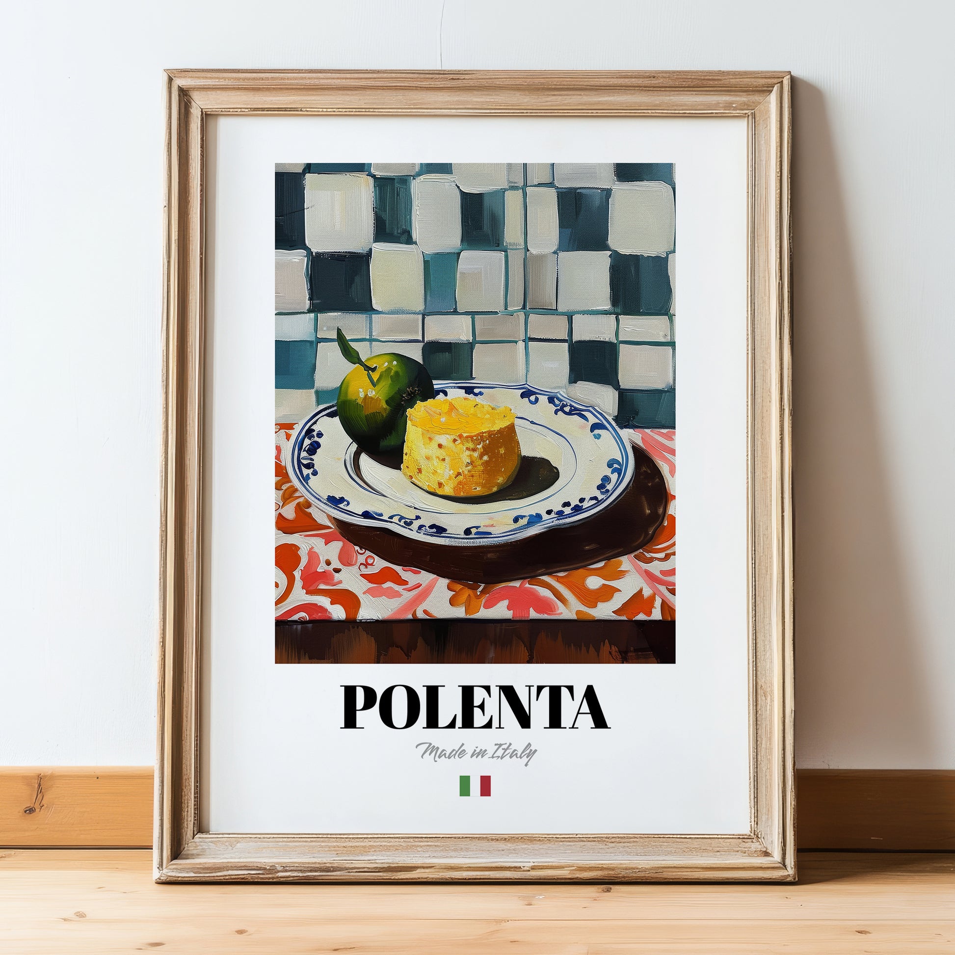 Polenta – Italian Dish, Café Poster, in wooden frame leaning on the floor