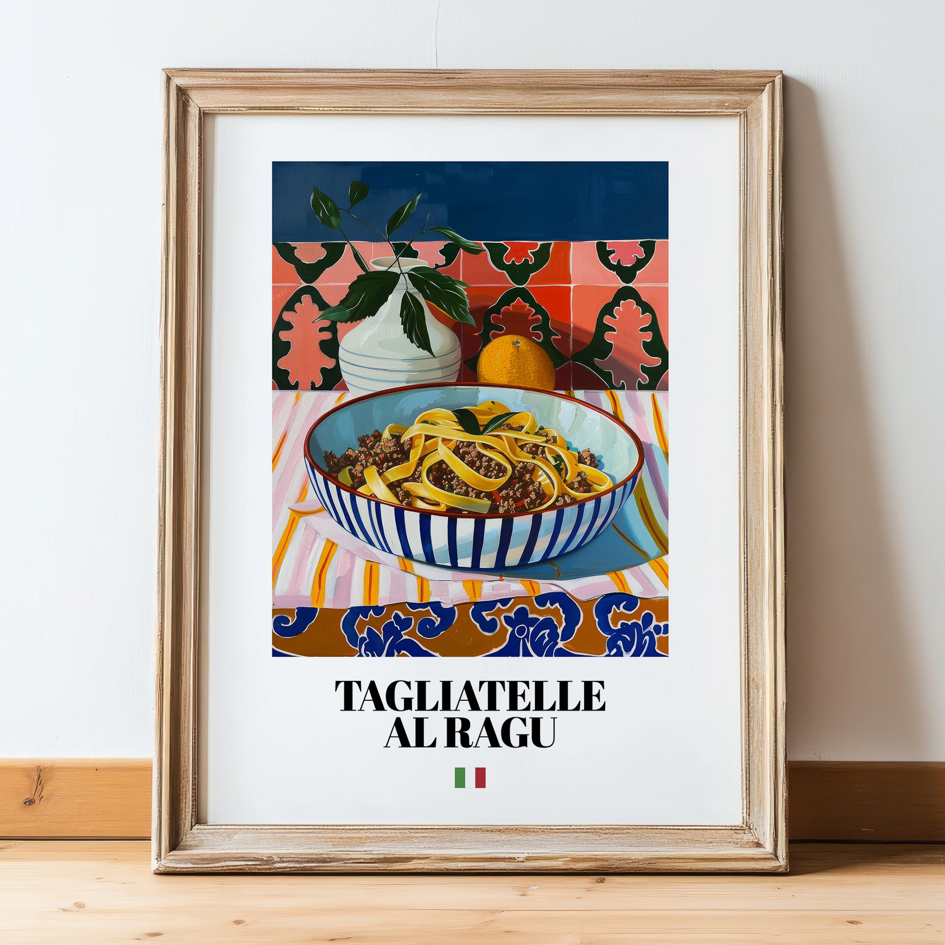 Tagliatelle al Ragu – Italian Pasta, Trattoria Illustration, in wooden frame leaning on the floor