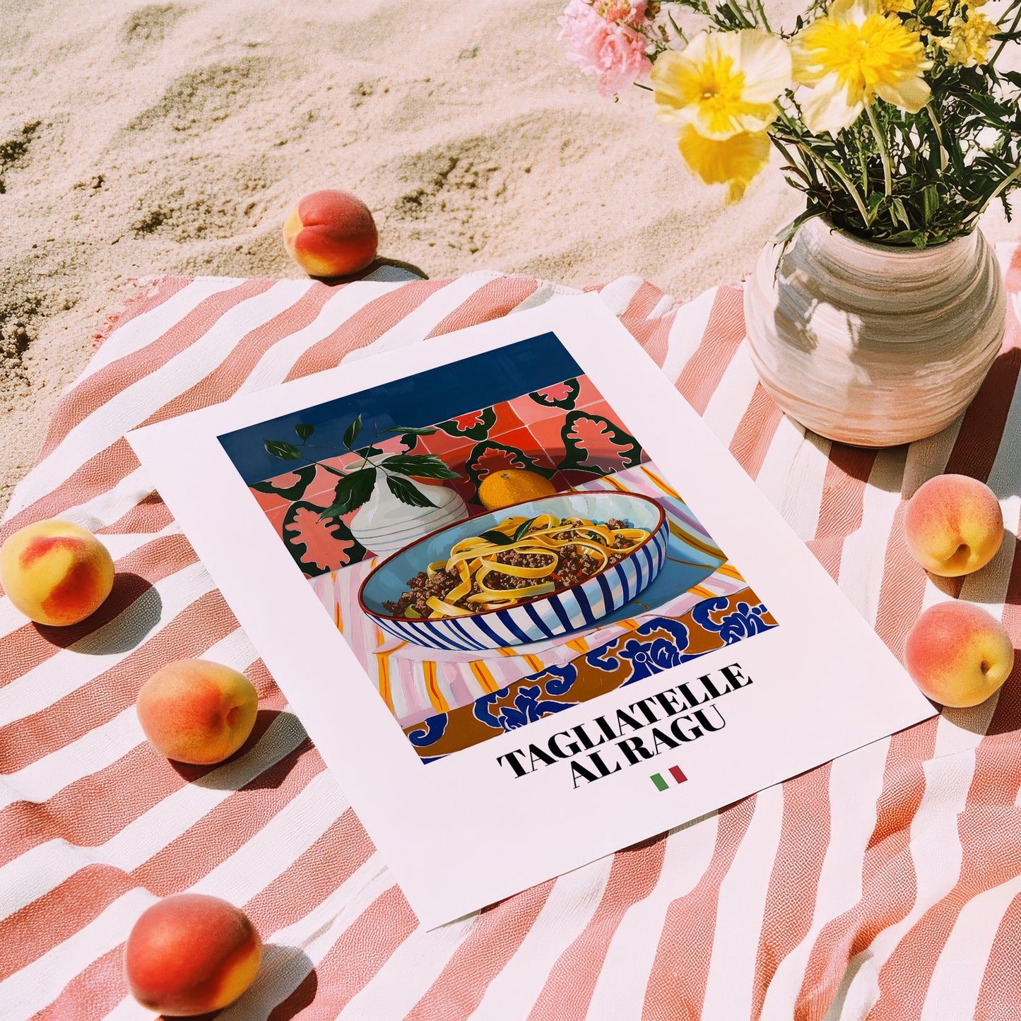 Tagliatelle al Ragu – Italian Pasta, Trattoria Illustration, unframed on coastal sand