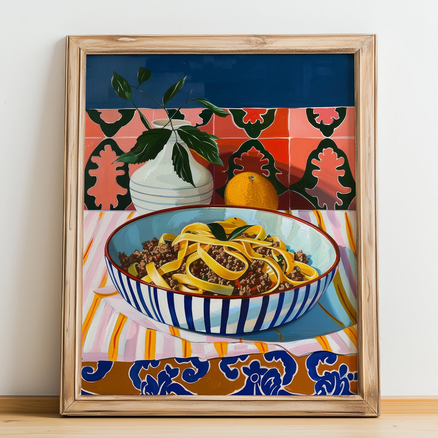 Tagliatelle al Ragu – Italian Pasta, Trattoria Illustration, no-text version framed in wood