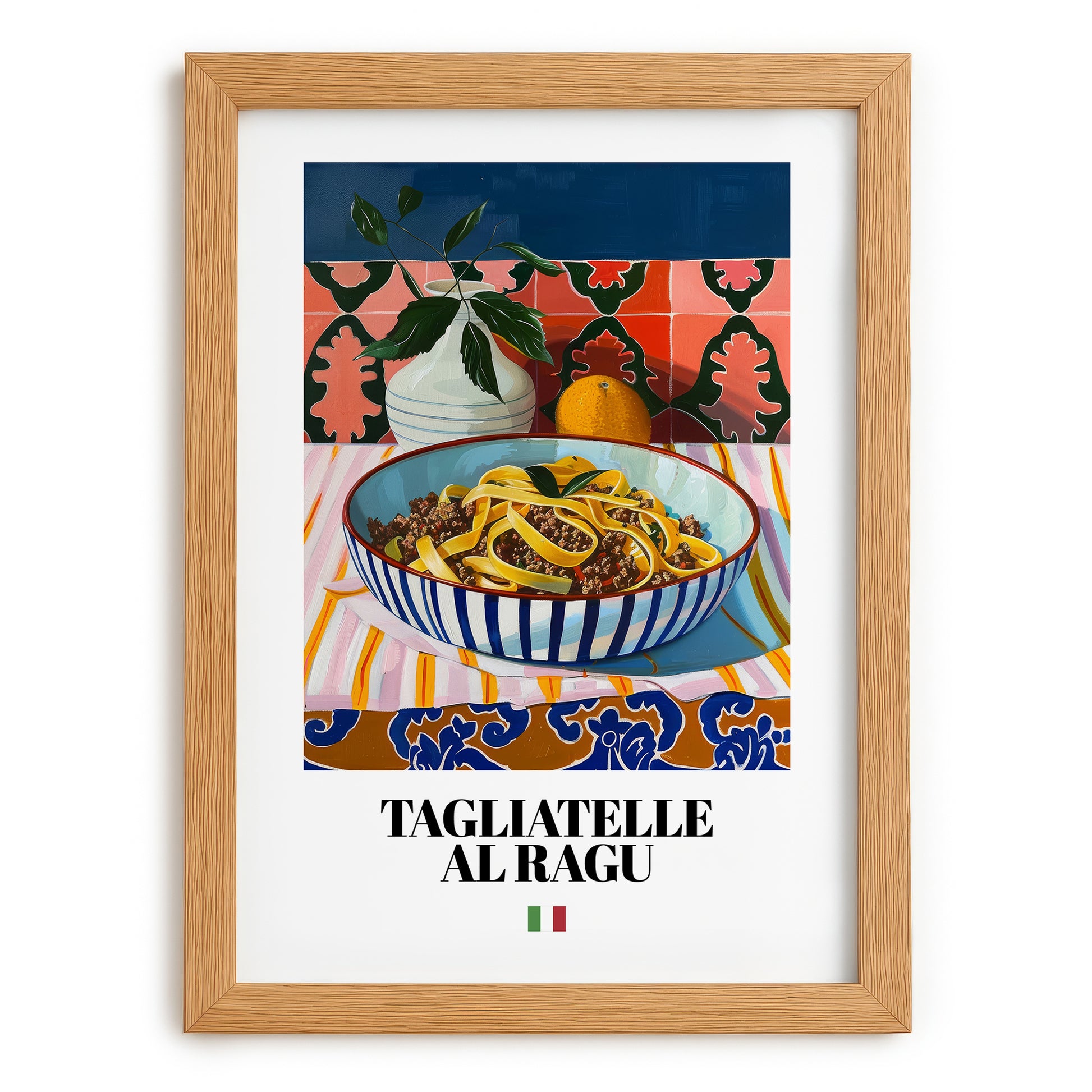 Tagliatelle al Ragu – Italian Pasta, Trattoria Illustration, set in oak frame