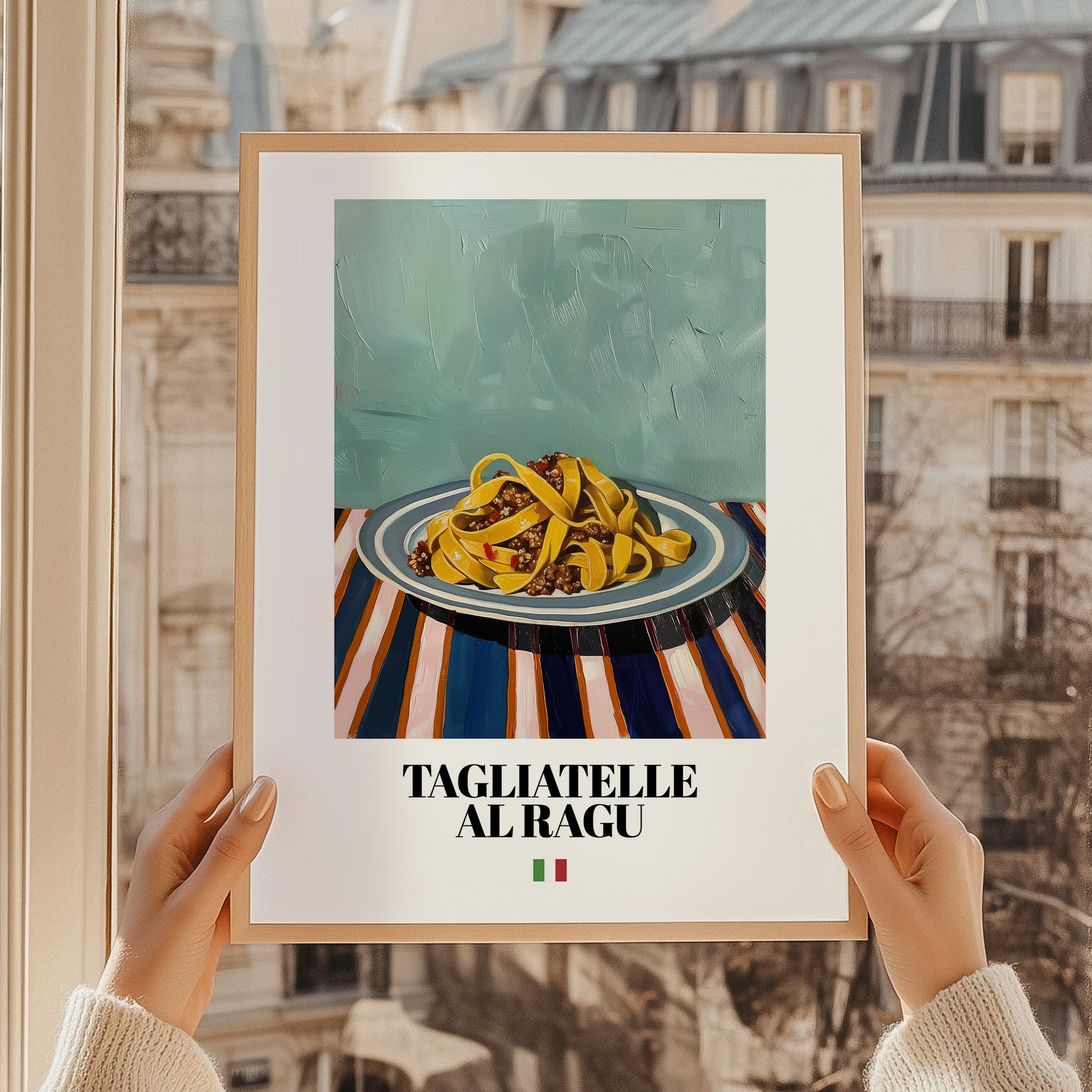Tagliatelle al Ragu – Italian Pasta, Ristorante Painting, styled in a charming Paris street view