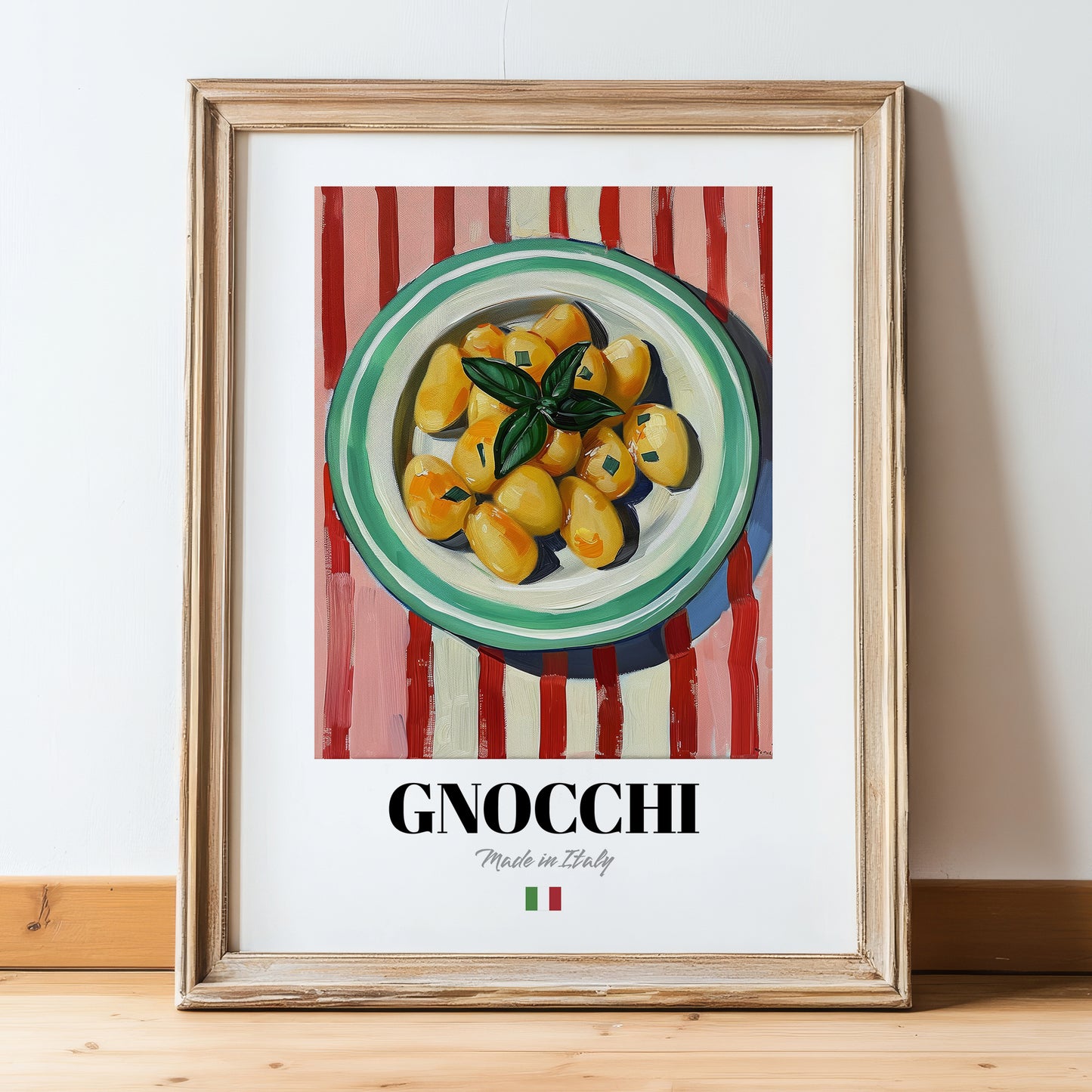 Gnocchi – Italian Pasta, Trattoria Still Life, in wooden frame leaning on the floor