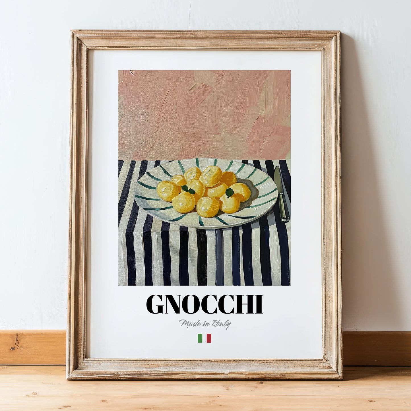 Gnocchi – Italian Pasta, Ristorante Wall Art, in wooden frame leaning on the floor