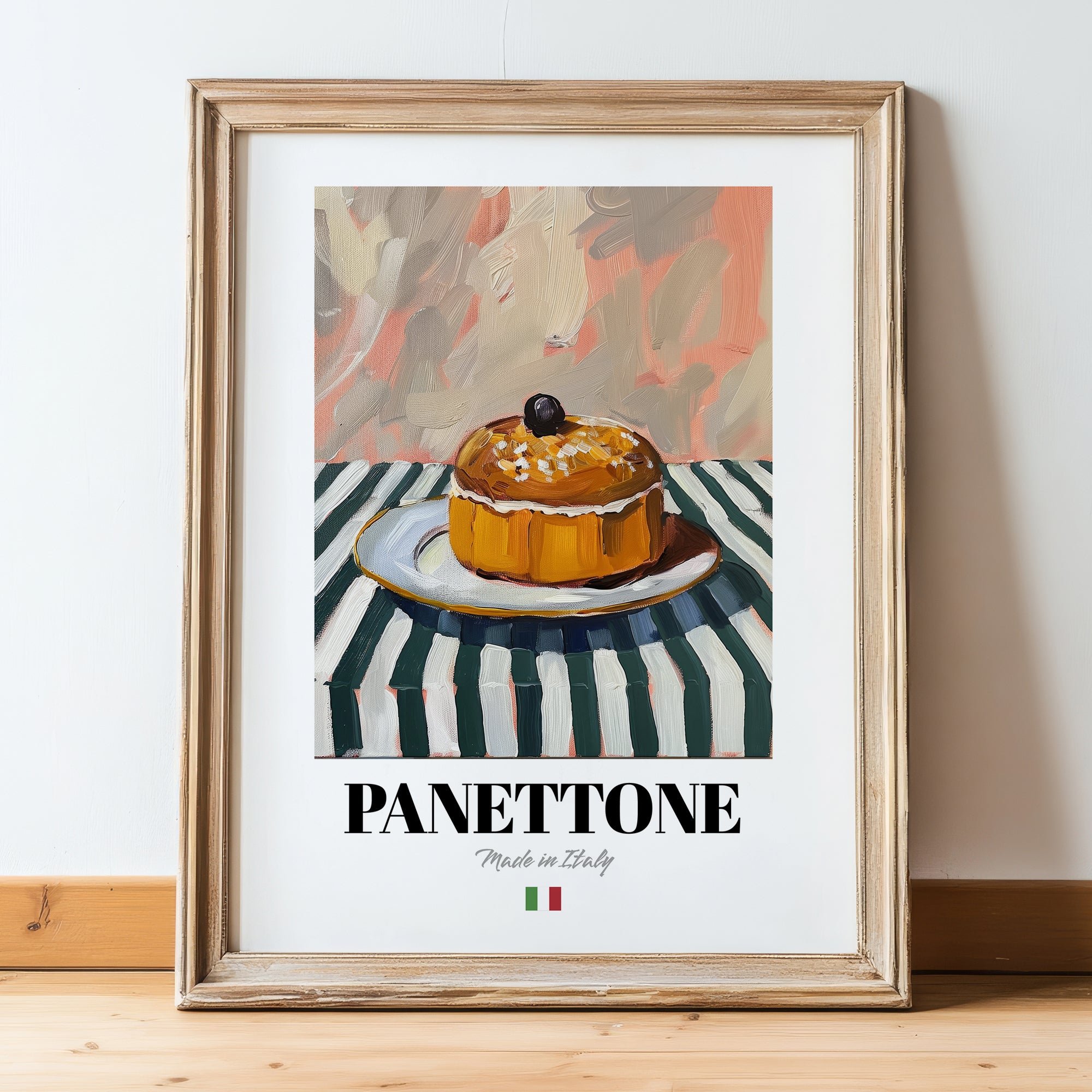 Panettone – Italian Bread Dish, Restaurant Art, in wooden frame leaning on the floor
