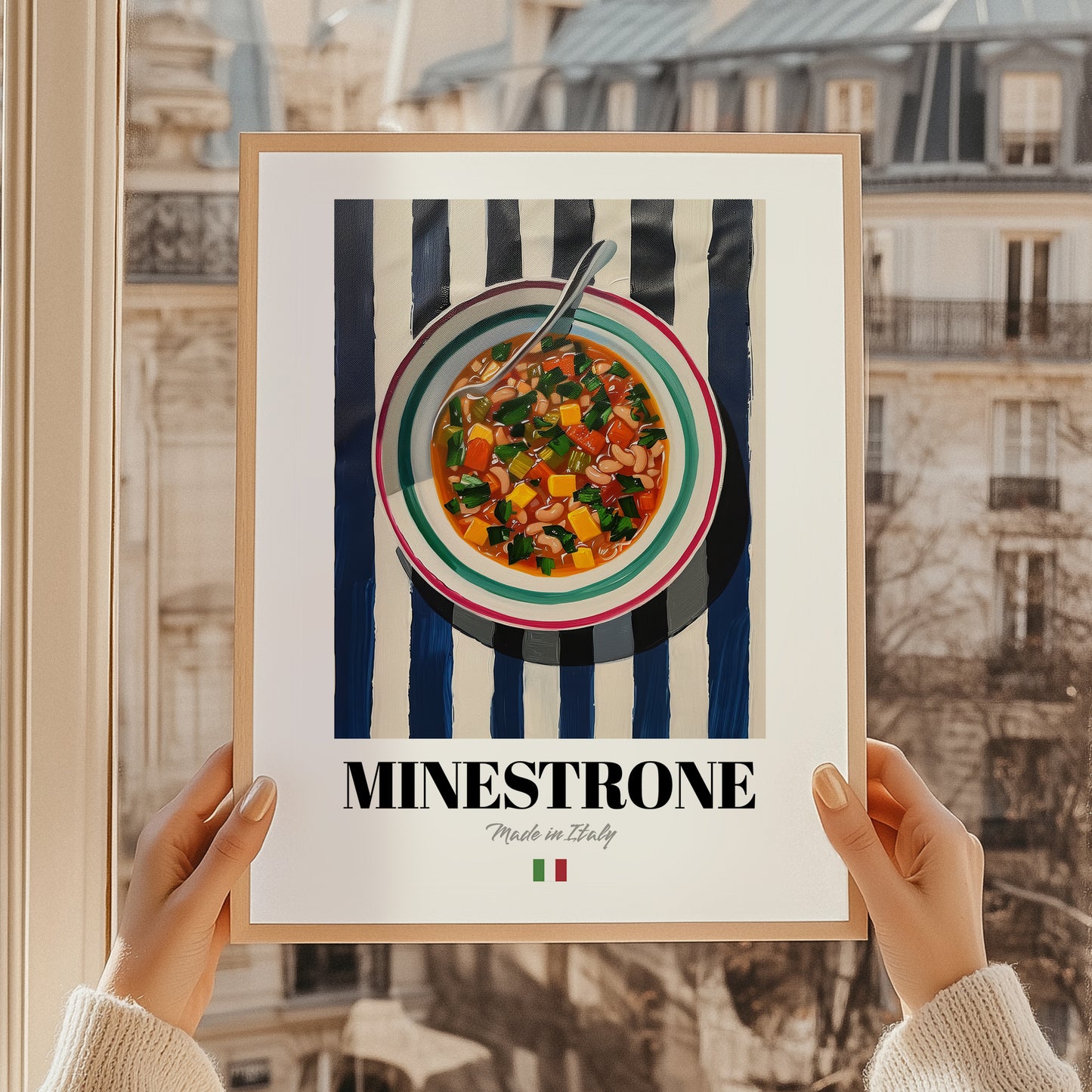 Minestrone – Italian Soup Dish, Brasserie Illustration, styled in a charming Paris street view