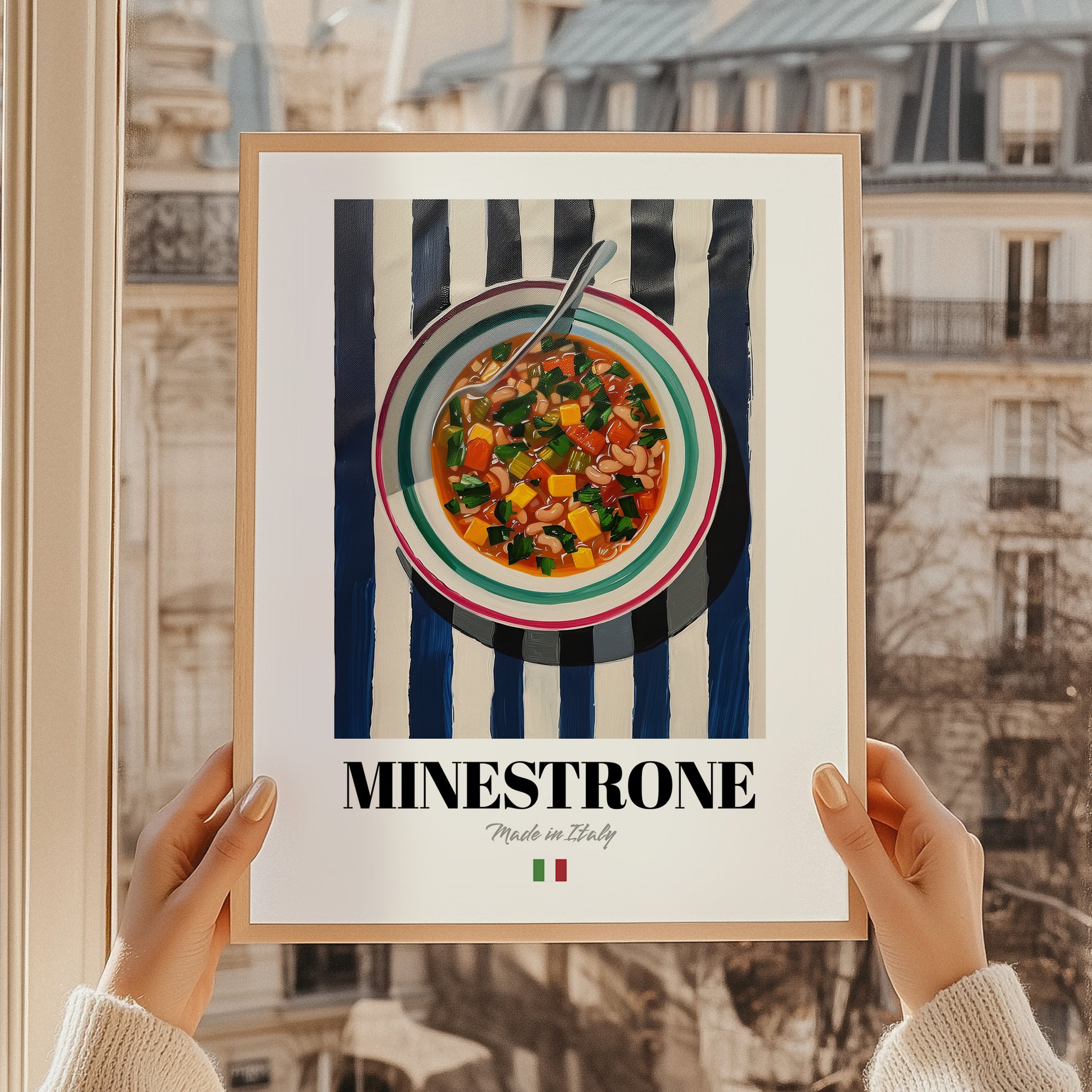Minestrone – Italian Soup Dish, Brasserie Illustration, styled in a charming Paris street view