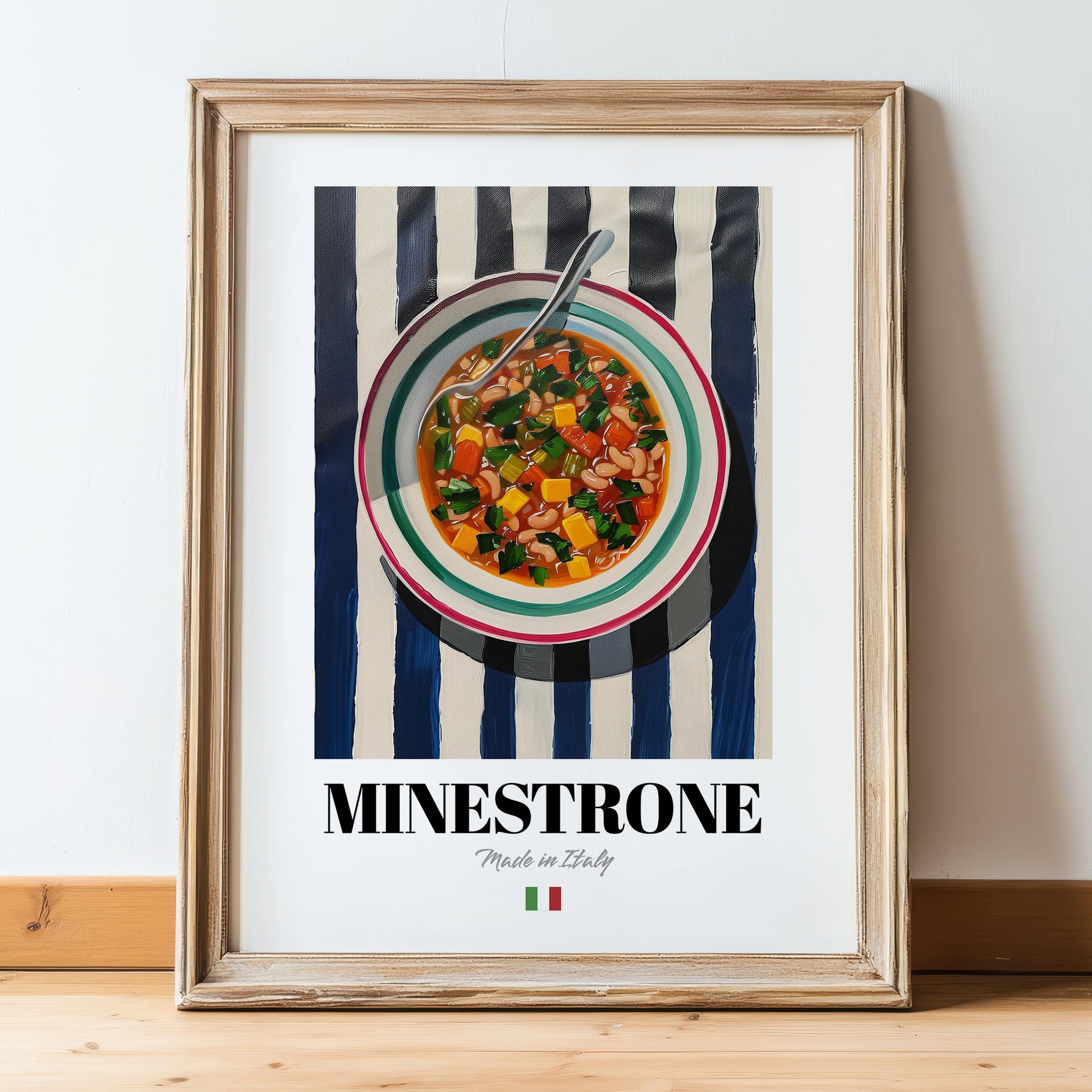 Minestrone – Italian Soup Dish, Brasserie Illustration, in wooden frame leaning on the floor