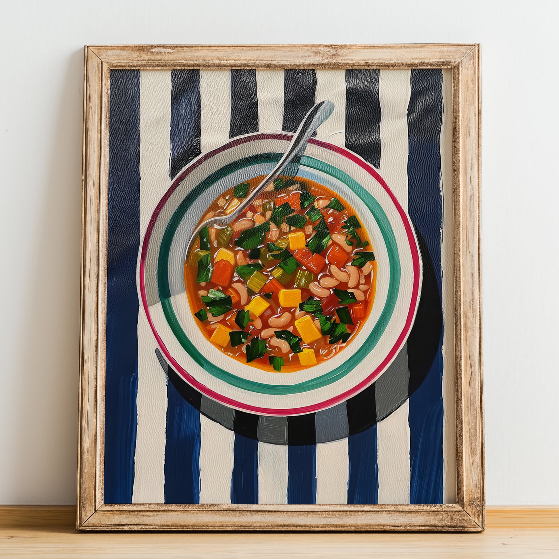 Minestrone – Italian Soup Dish, Brasserie Illustration, no-text version framed in wood