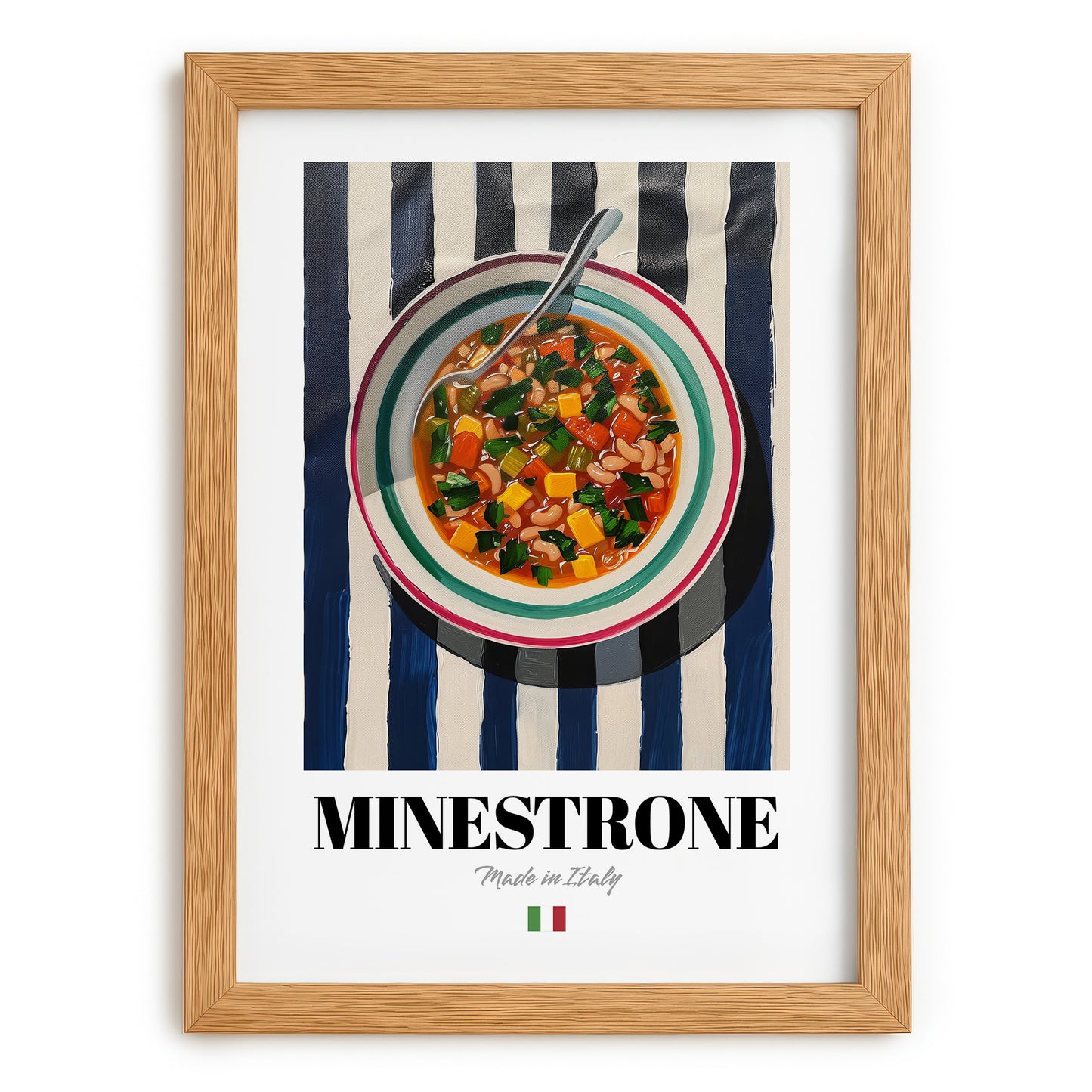 Minestrone – Italian Soup Dish, Brasserie Illustration, set in oak frame