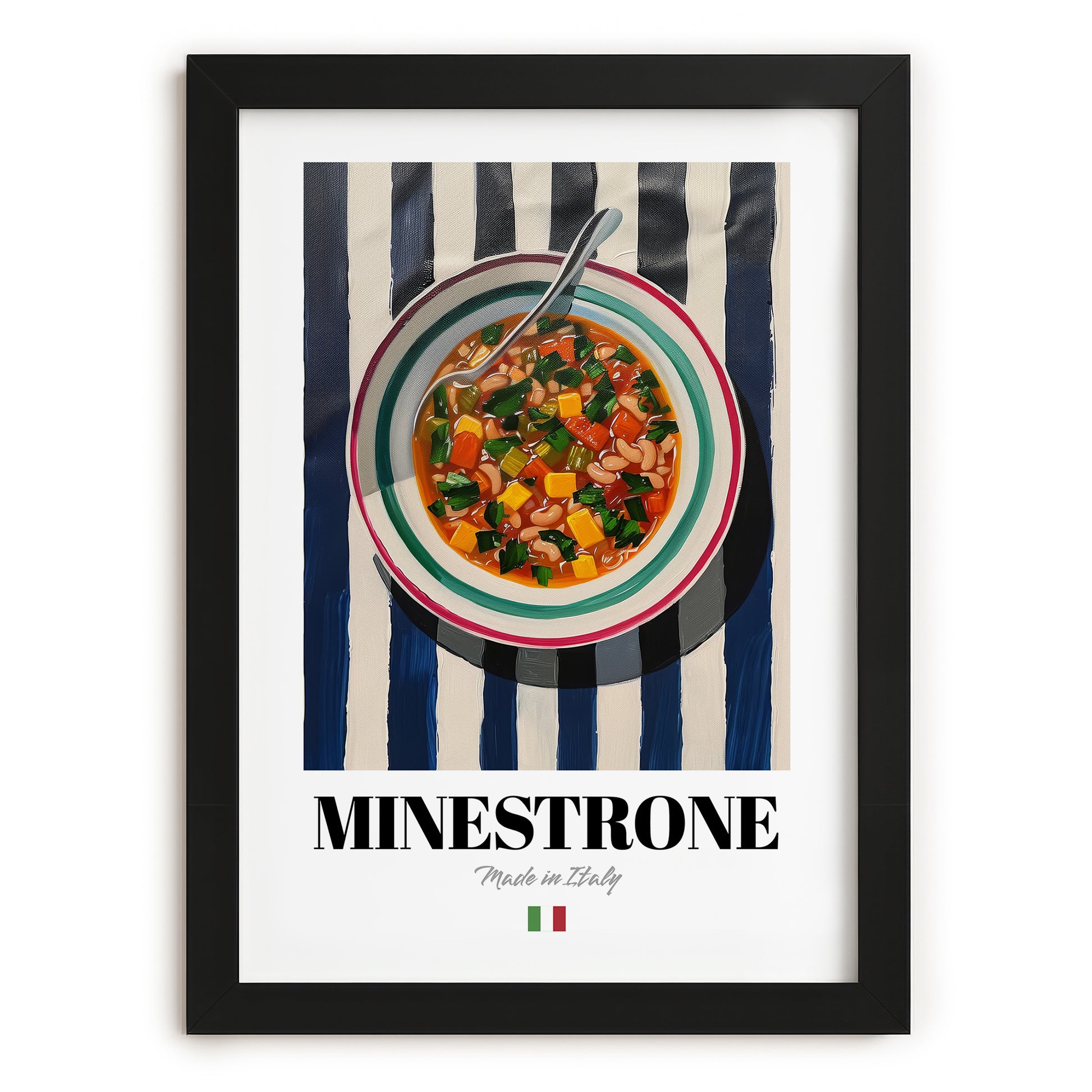 Minestrone – Italian Soup Dish, Brasserie Illustration, in sleek black frame