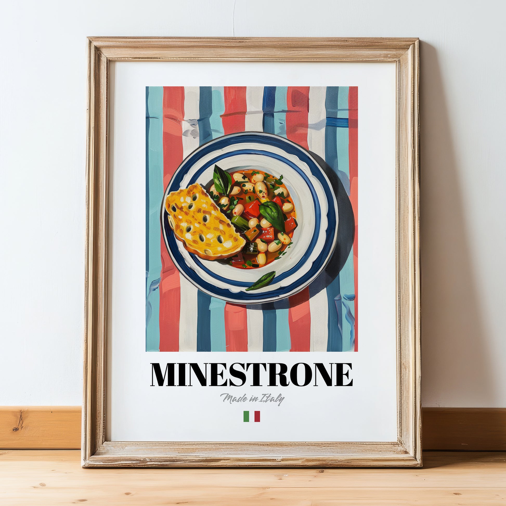 Minestrone – Italian Soup Dish, Café Painting, in wooden frame leaning on the floor