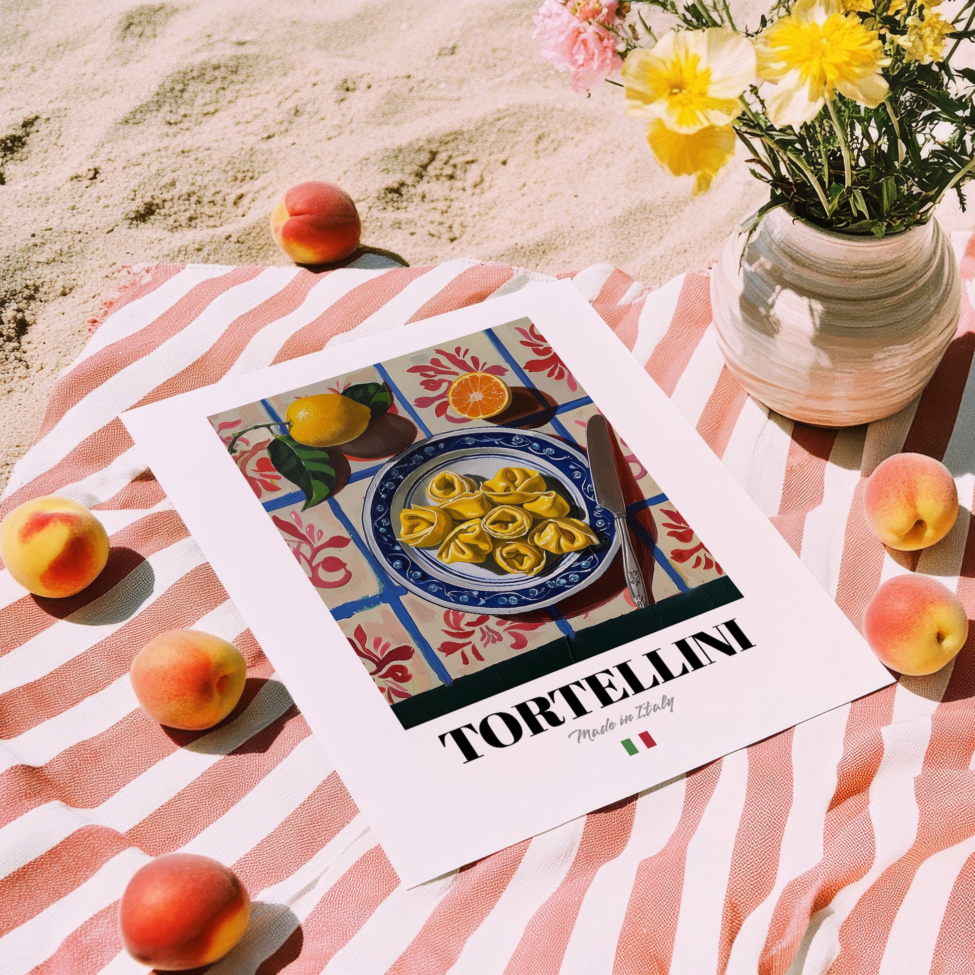 Tortellini – Italian Pasta, Ristorante Wall Art, unframed on coastal sand