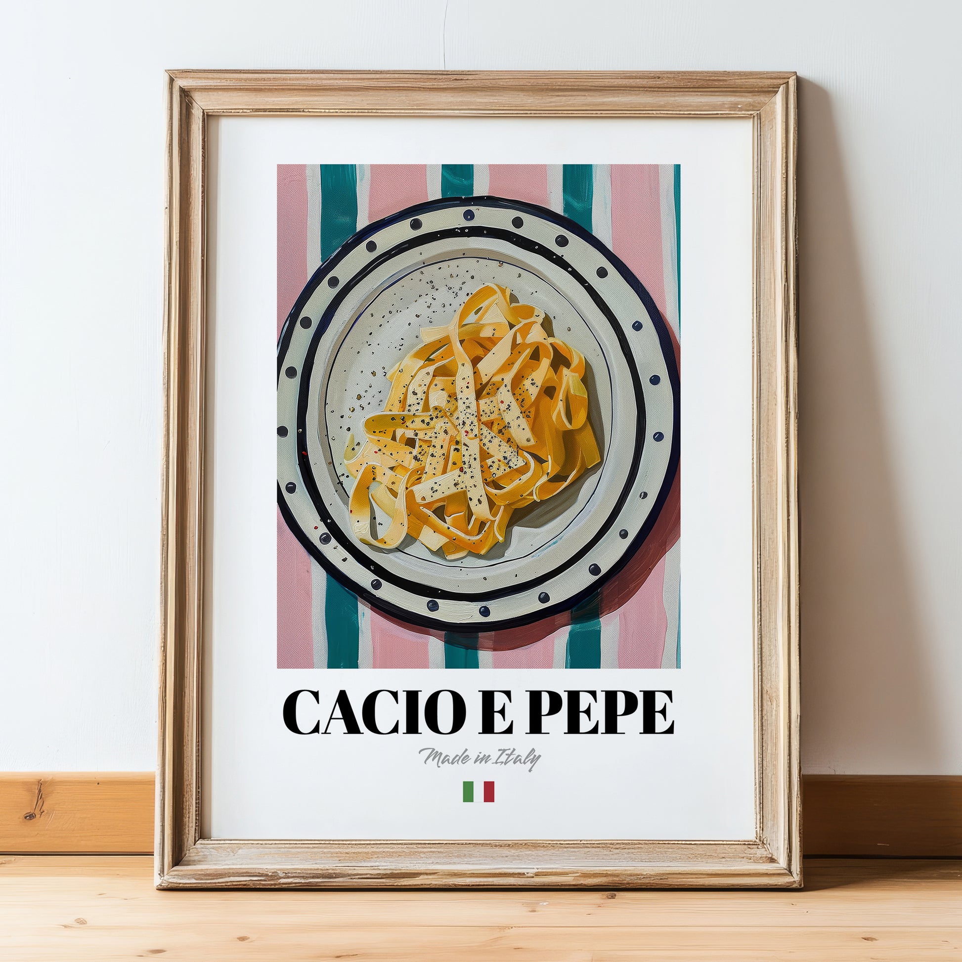 Cacio e Pepe – Italian Pasta, Osteria Still Life, in wooden frame leaning on the floor
