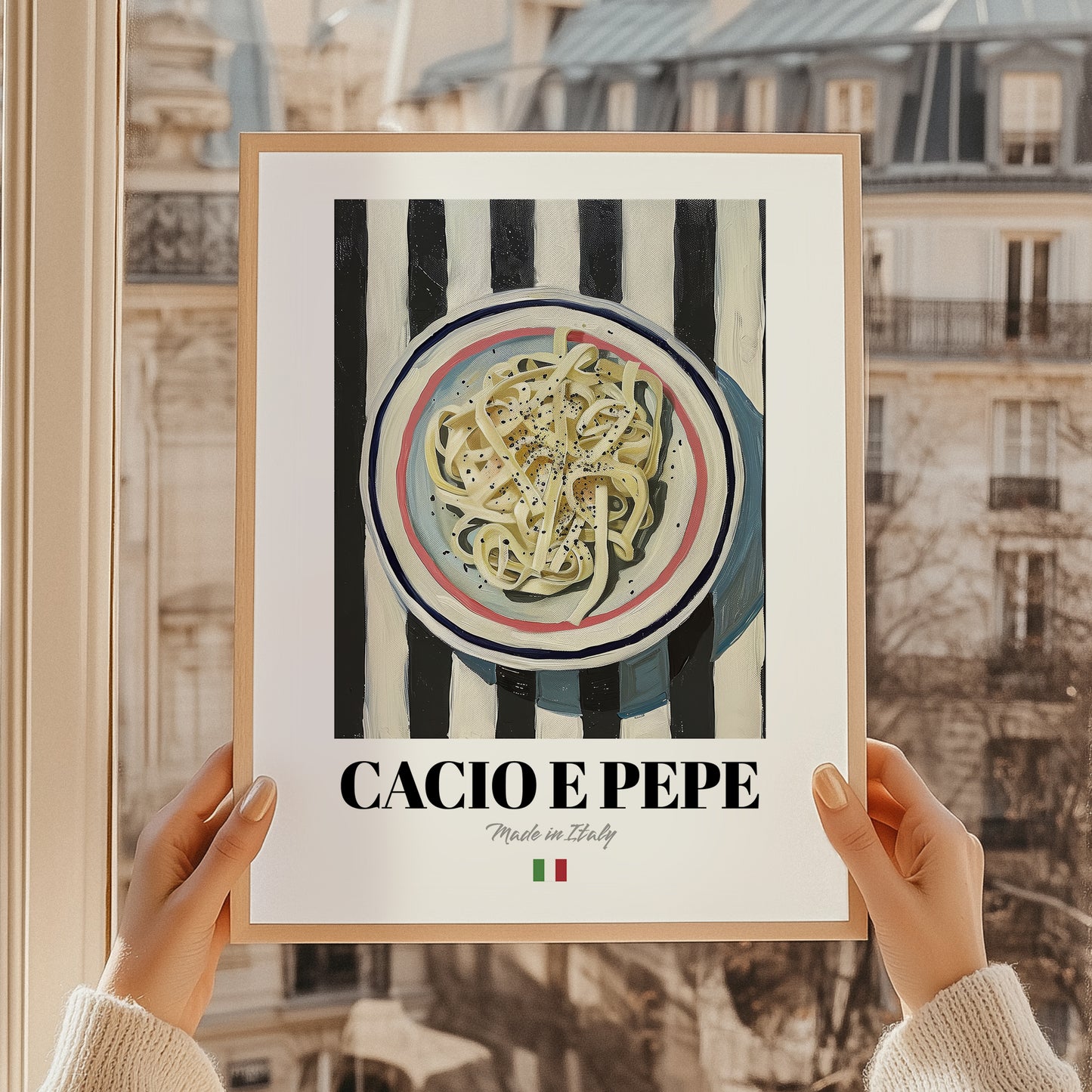 Cacio e Pepe – Italian Pasta, Trattoria Print, styled in a charming Paris street view