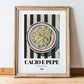 Cacio e Pepe – Italian Pasta, Trattoria Print, in wooden frame leaning on the floor