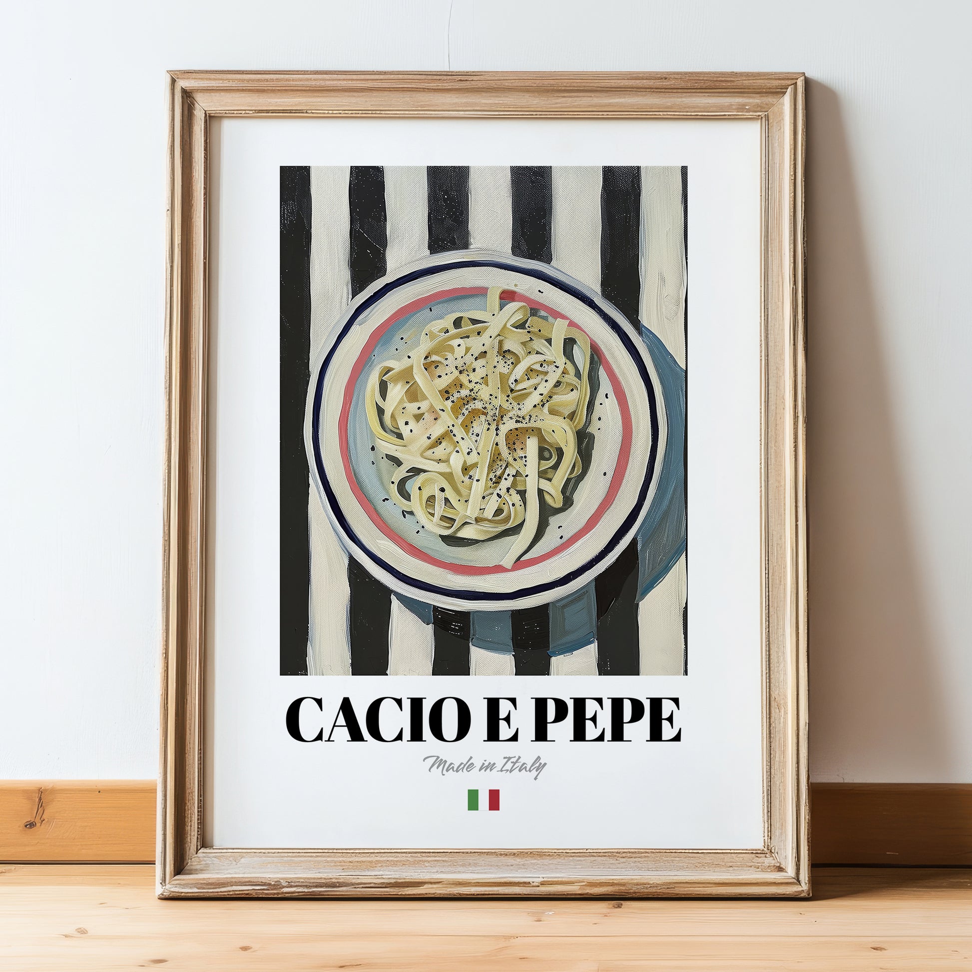 Cacio e Pepe – Italian Pasta, Trattoria Print, in wooden frame leaning on the floor