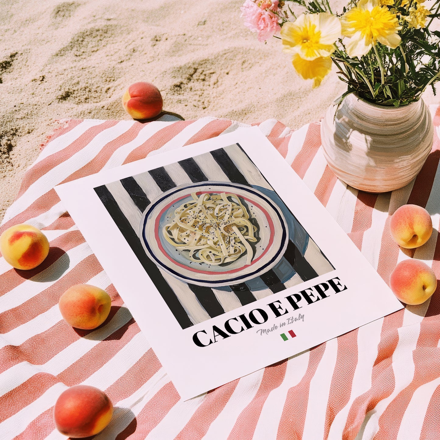 Cacio e Pepe – Italian Pasta, Trattoria Print, unframed on coastal sand