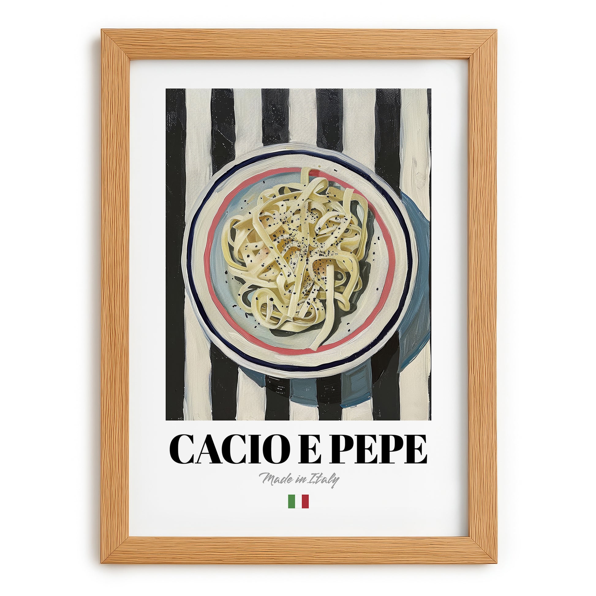 Cacio e Pepe – Italian Pasta, Trattoria Print, set in oak frame