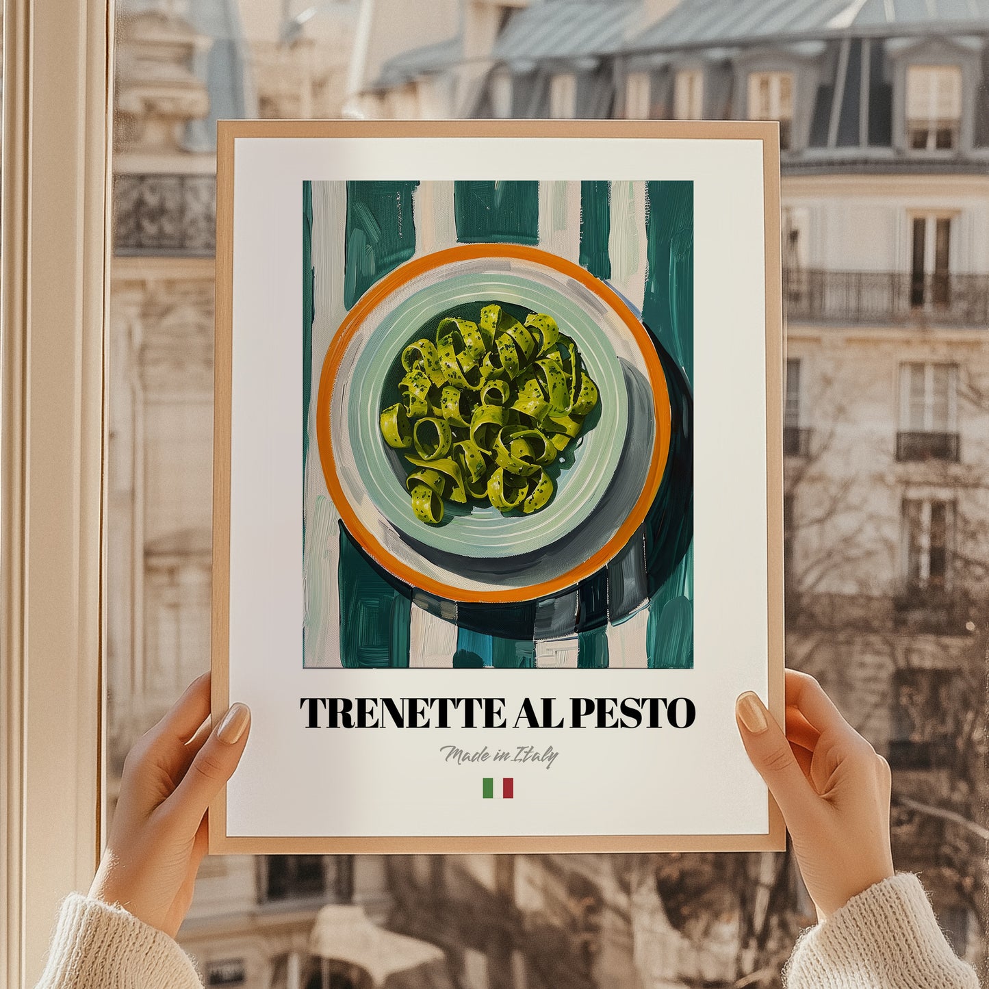 Trenette al Pesto – Italian Pasta, Osteria Poster, styled in a charming Paris street view