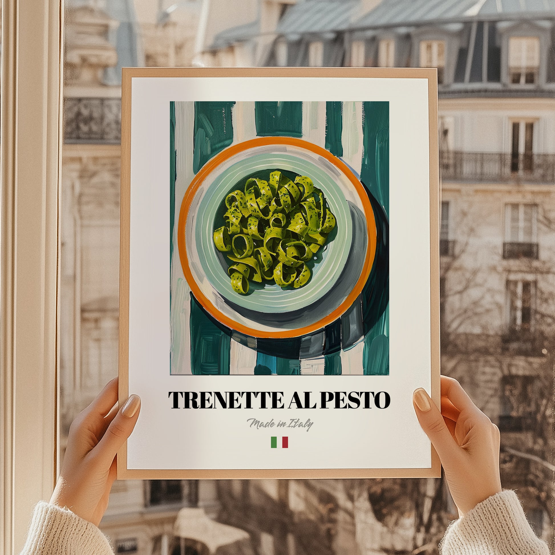 Trenette al Pesto – Italian Pasta, Osteria Poster, styled in a charming Paris street view
