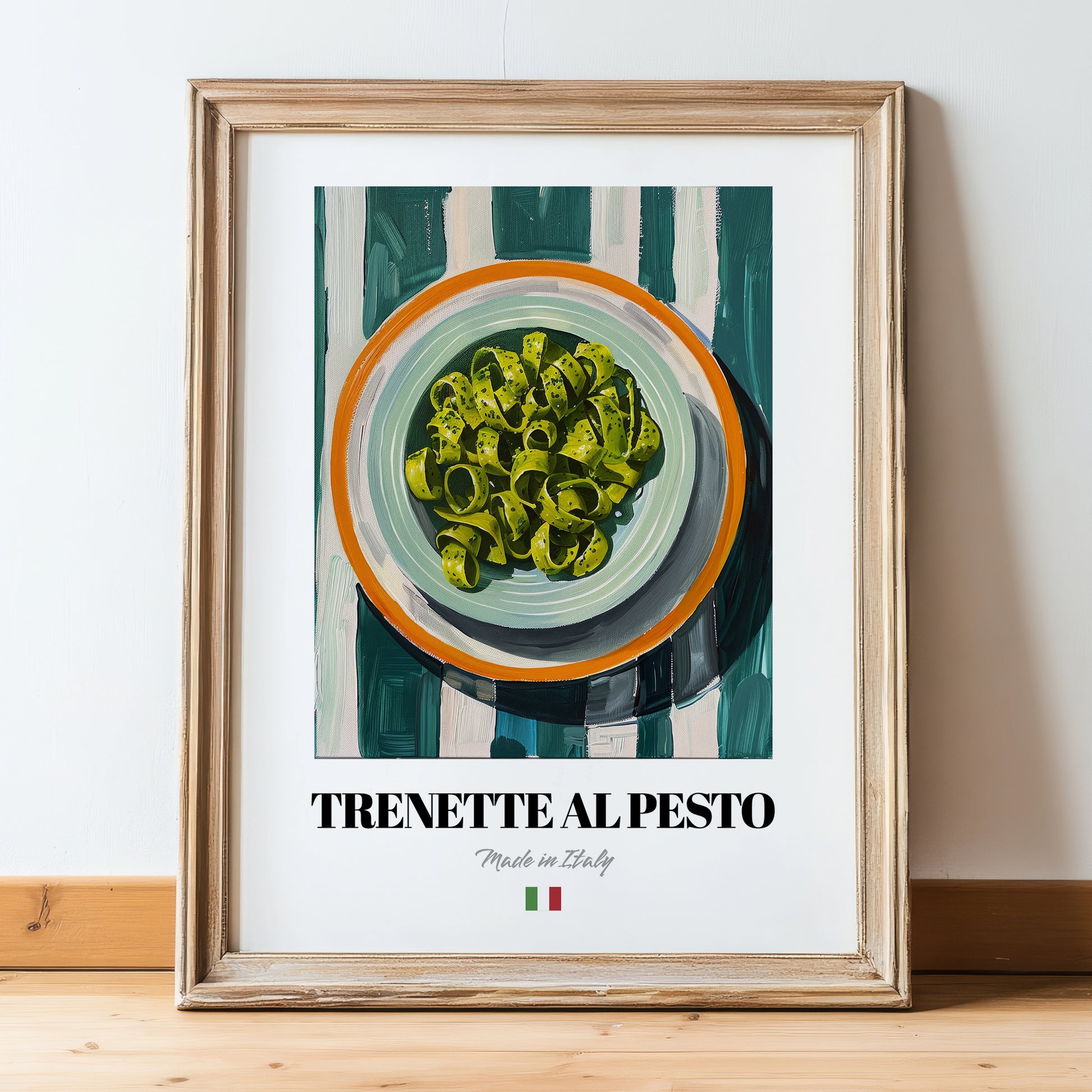 Trenette al Pesto – Italian Pasta, Osteria Poster, in wooden frame leaning on the floor