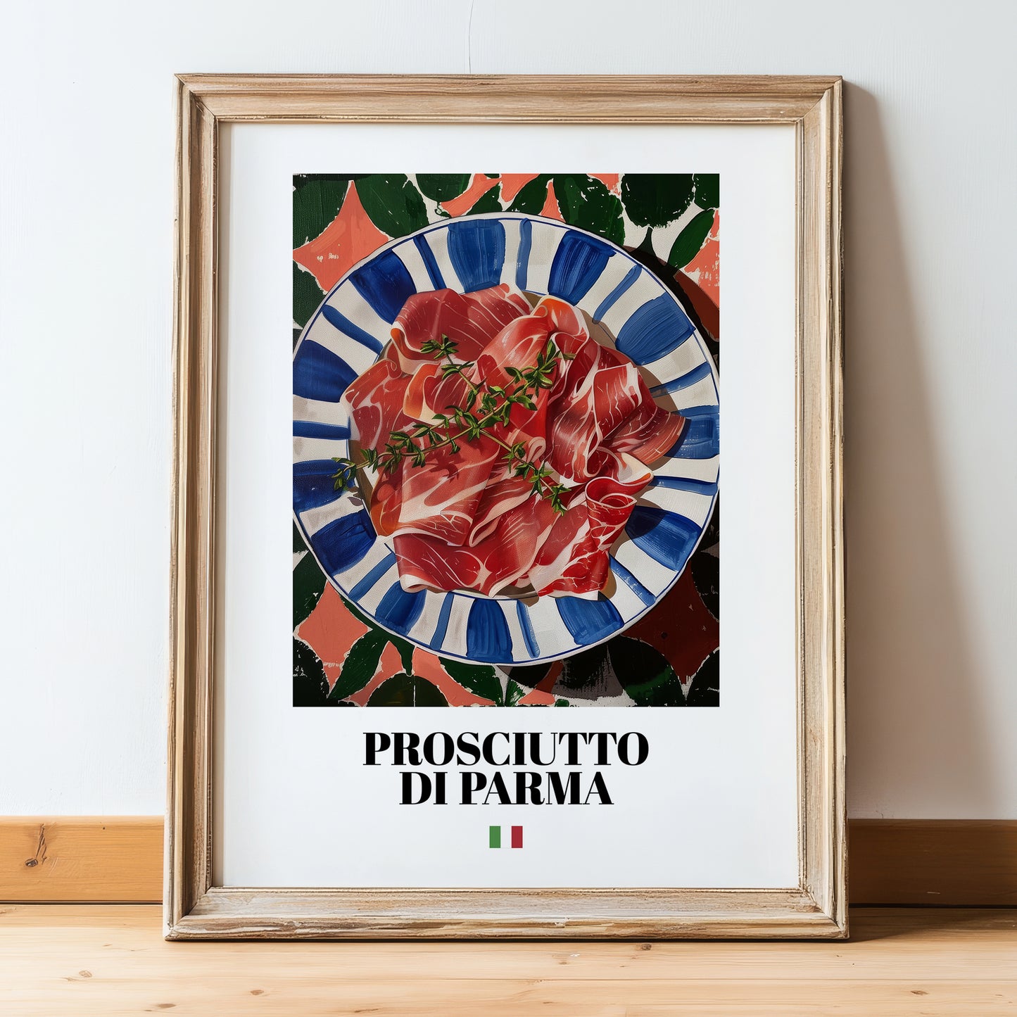 Prosciutto di Parma – Italian Meat Dish, Food Bar Poster, in wooden frame leaning on the floor