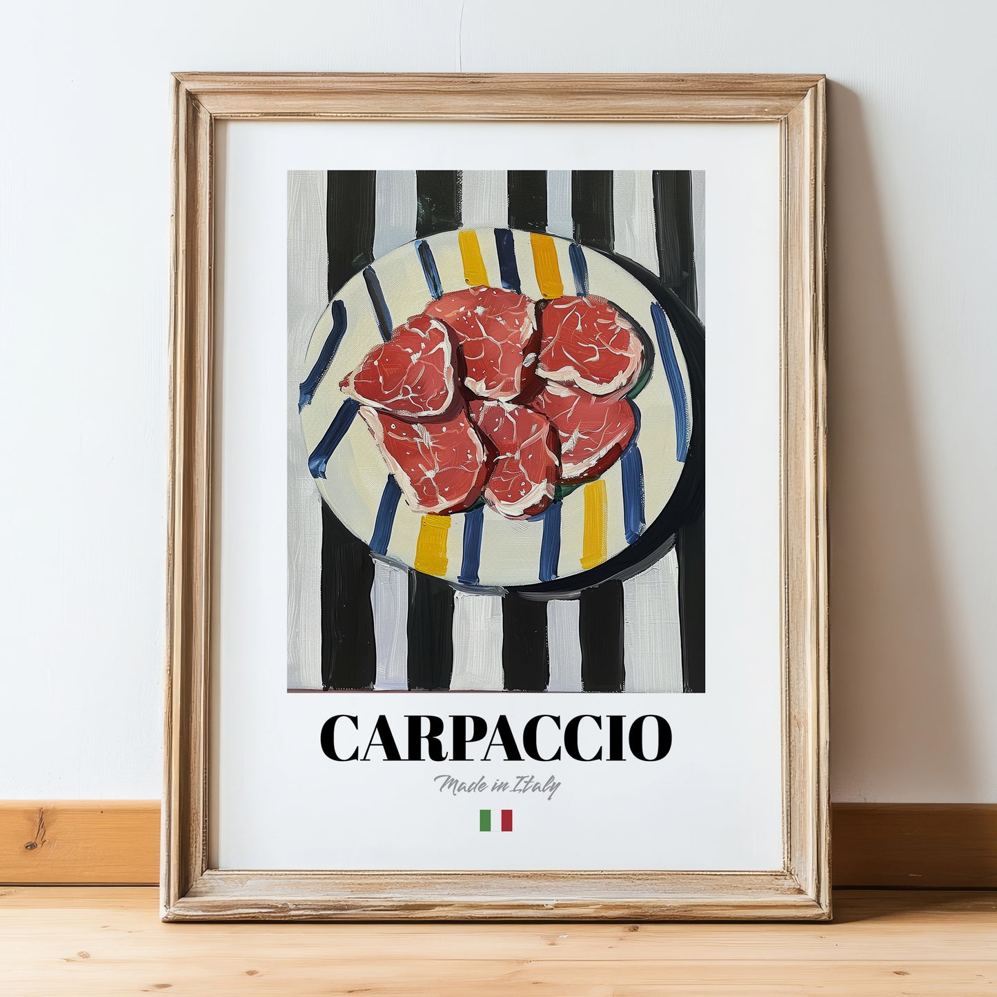 Carpaccio – Italian Meat Dish, Restaurant Still Life, in wooden frame leaning on the floor