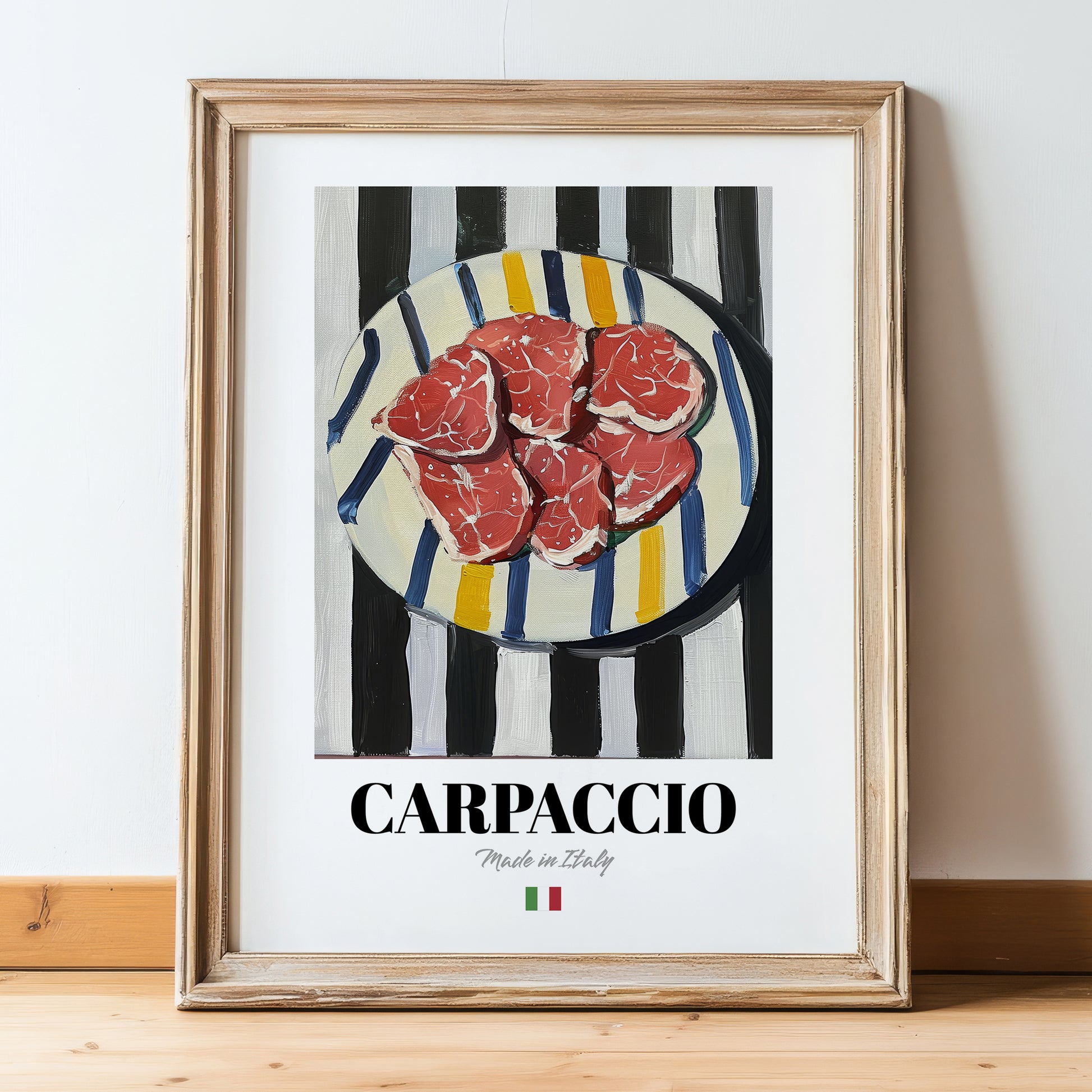 Carpaccio – Italian Meat Dish, Restaurant Still Life, in wooden frame leaning on the floor