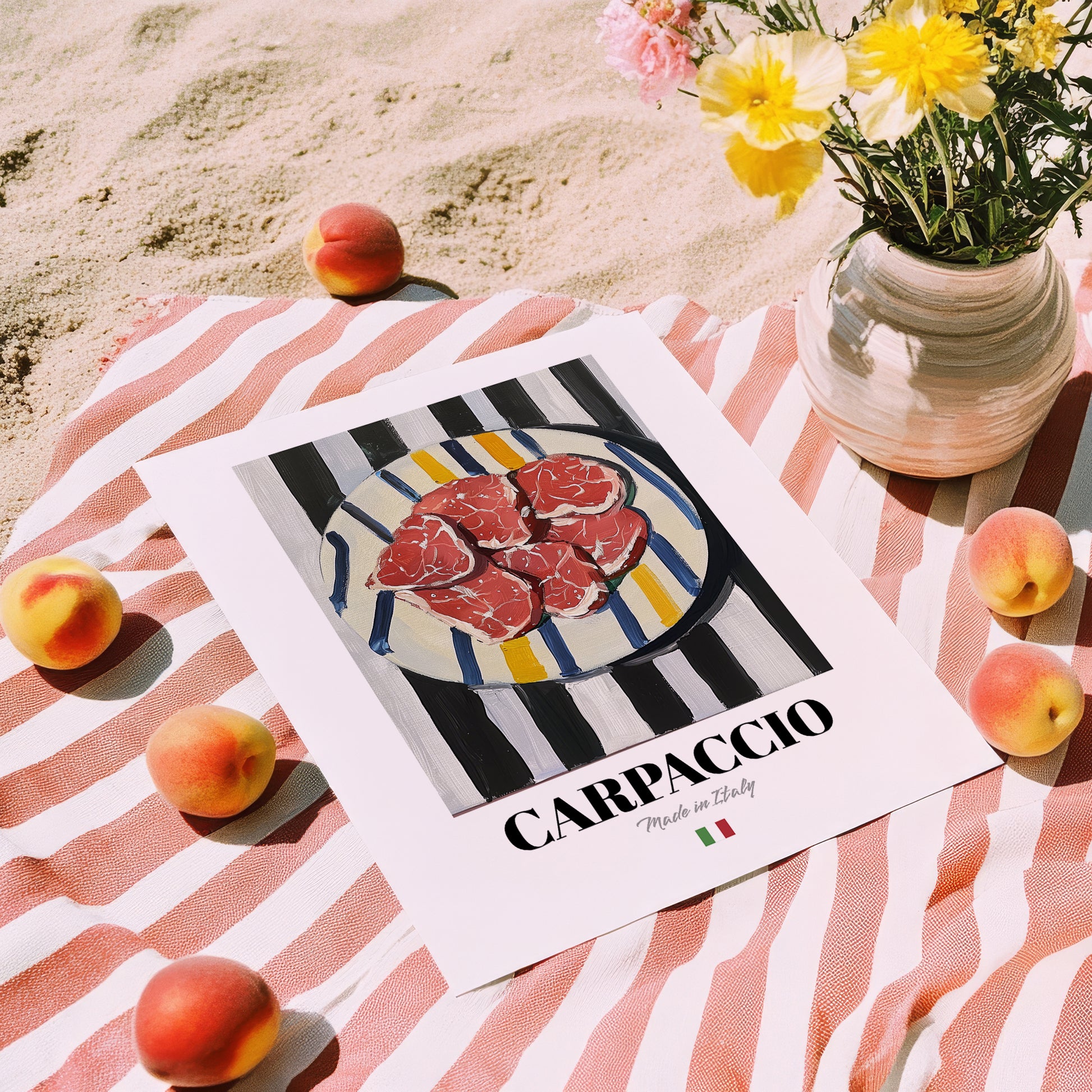 Carpaccio – Italian Meat Dish, Restaurant Still Life, unframed on coastal sand