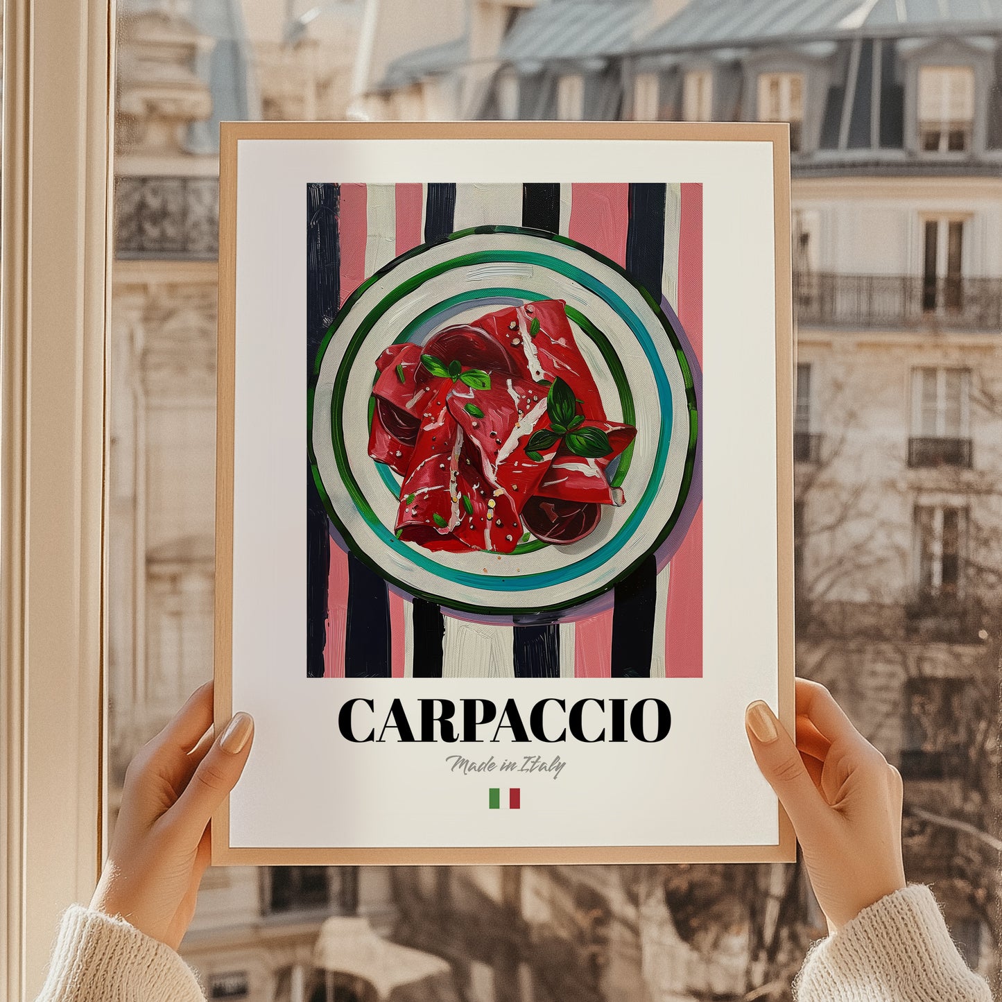 Carpaccio – Italian Meat Dish, Bistro Wall Art, styled in a charming Paris street view