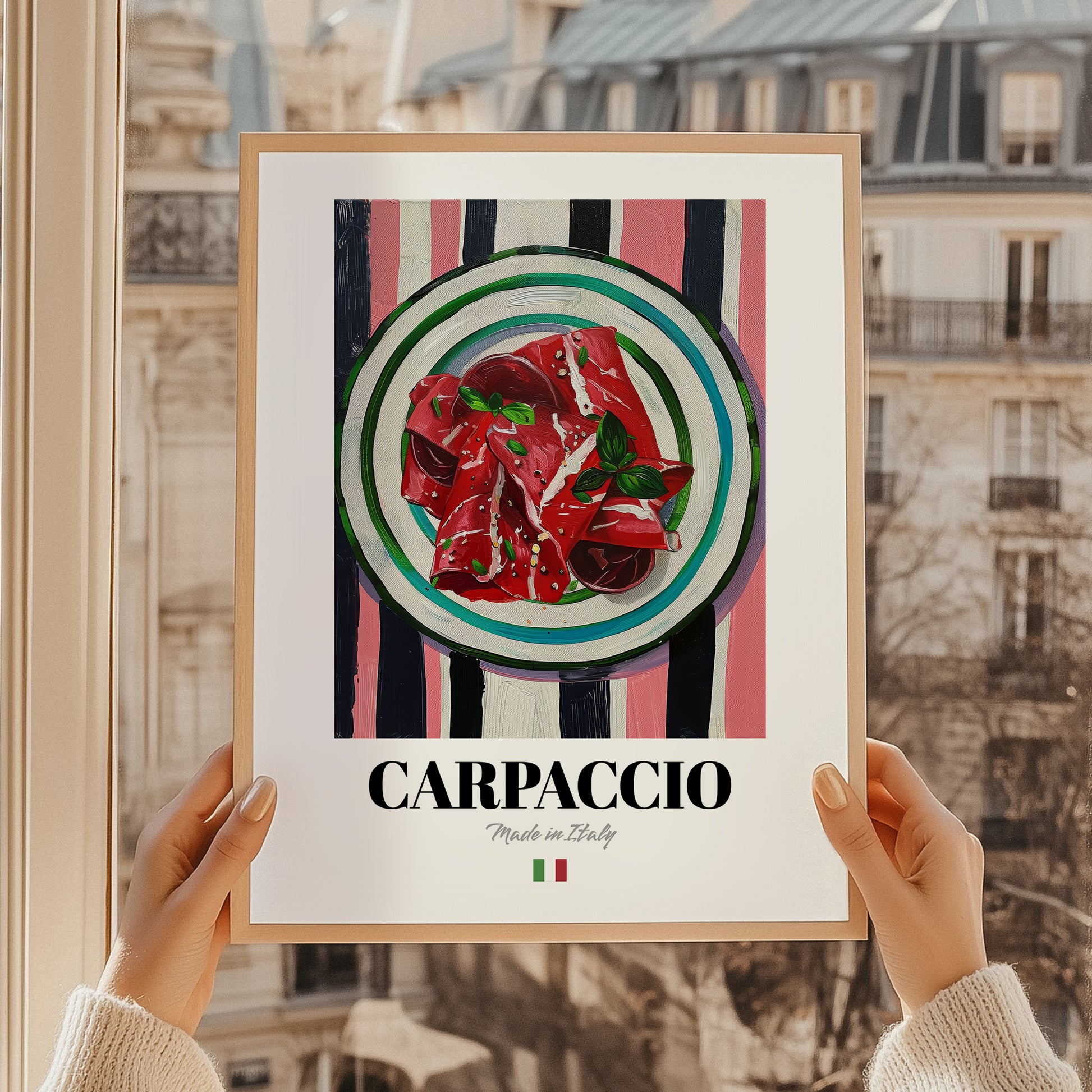 Carpaccio – Italian Meat Dish, Bistro Wall Art, styled in a charming Paris street view