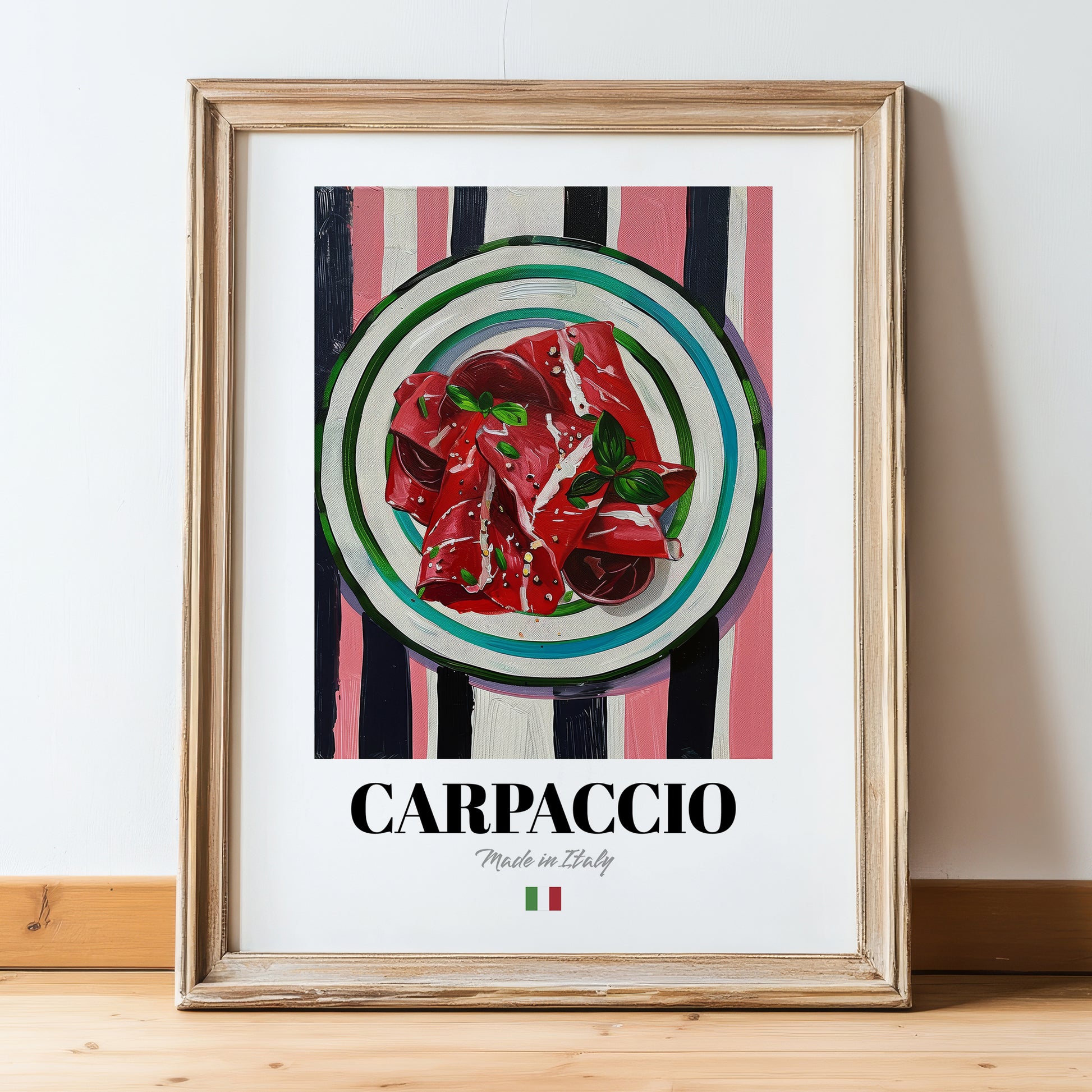 Carpaccio – Italian Meat Dish, Bistro Wall Art, in wooden frame leaning on the floor