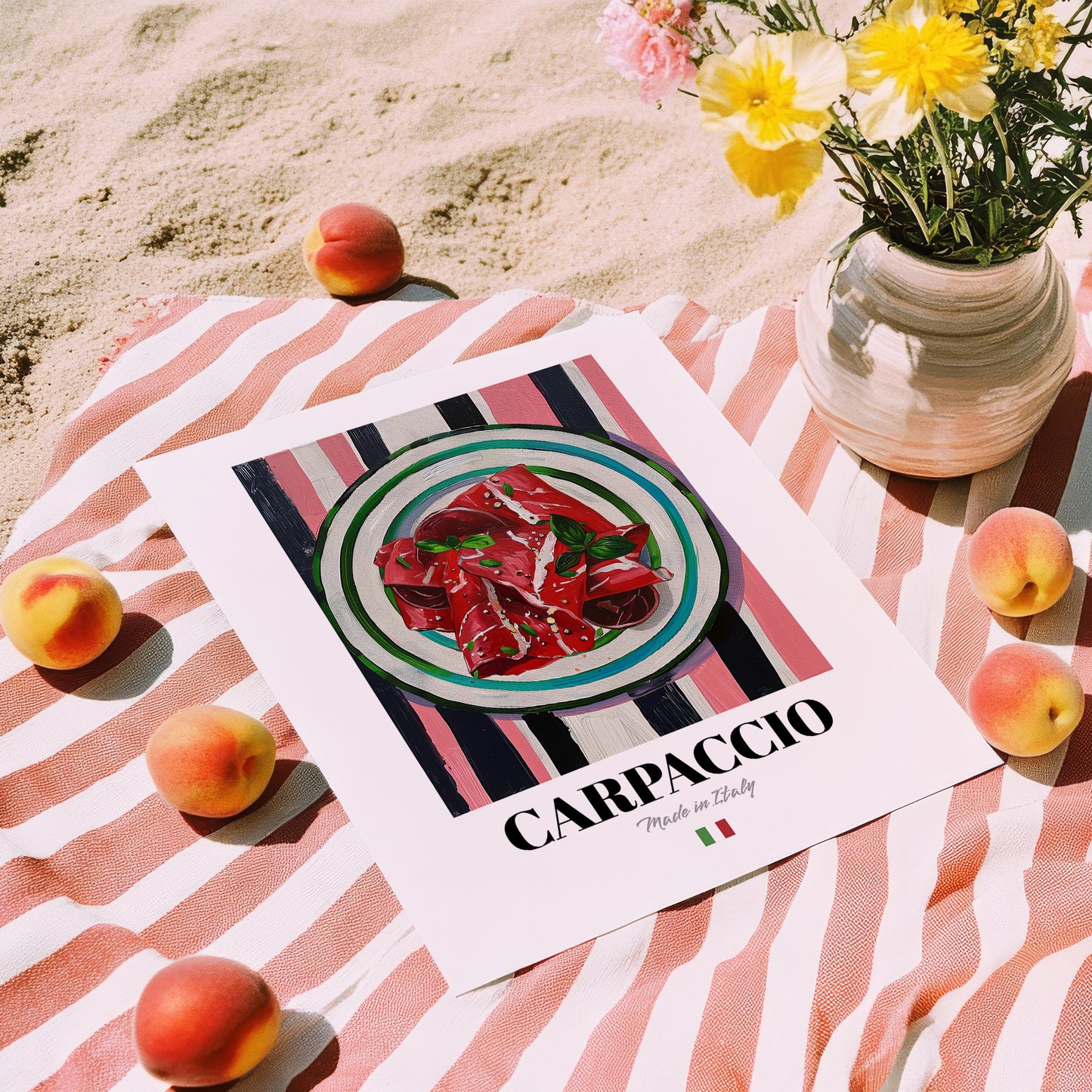 Carpaccio – Italian Meat Dish, Bistro Wall Art, unframed on coastal sand