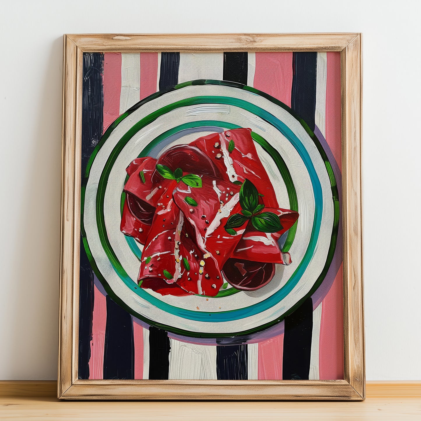 Carpaccio – Italian Meat Dish, Bistro Wall Art, no-text version framed in wood