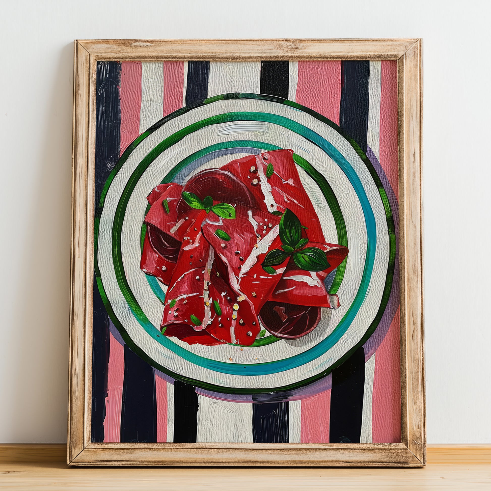 Carpaccio – Italian Meat Dish, Bistro Wall Art, no-text version framed in wood