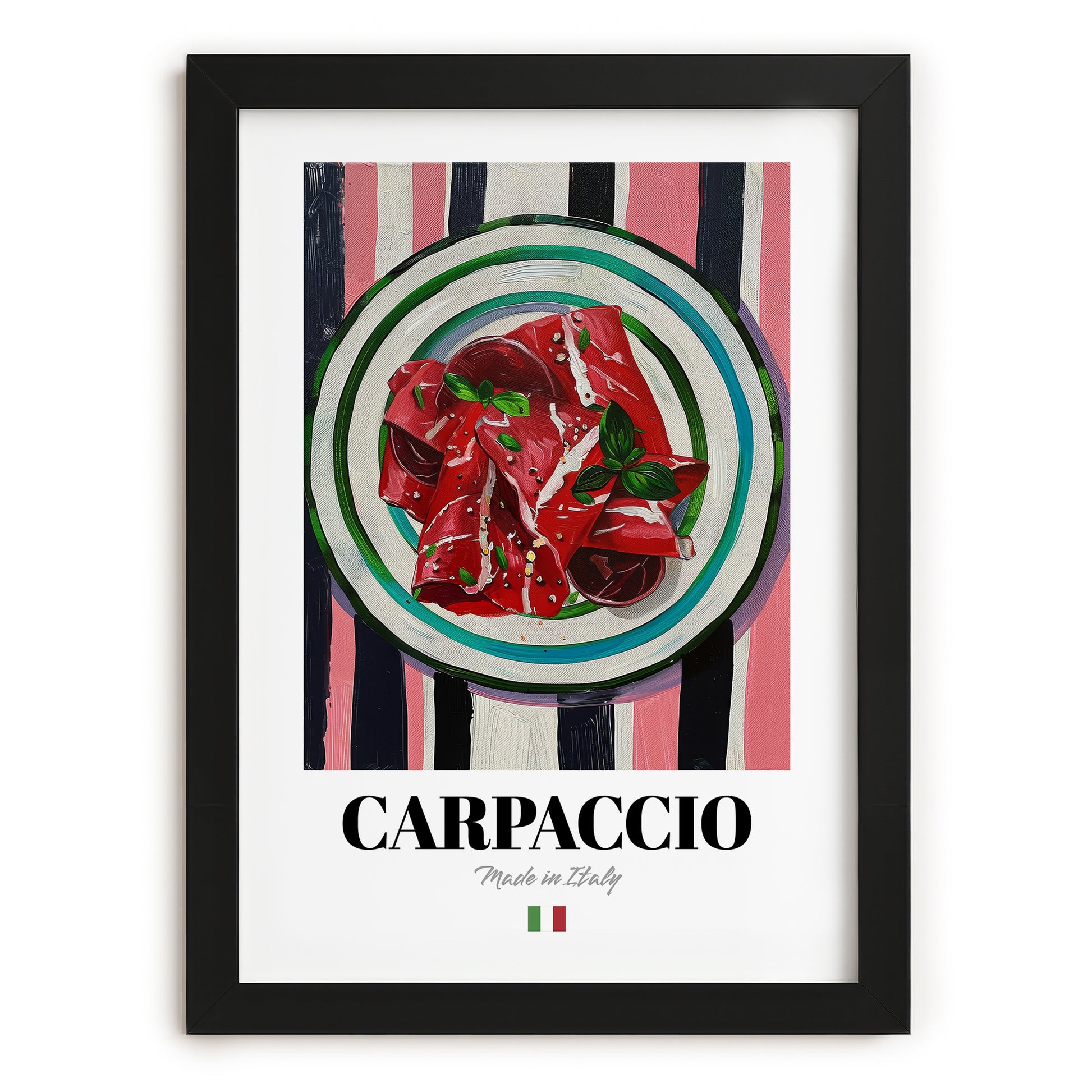 Carpaccio – Italian Meat Dish, Bistro Wall Art, in sleek black frame