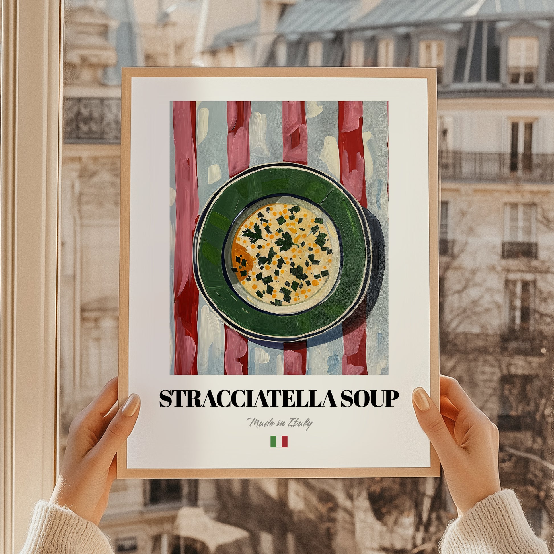 Stracciatella Soup – Italian Soup Dish, Restaurant Print, styled in a charming Paris street view