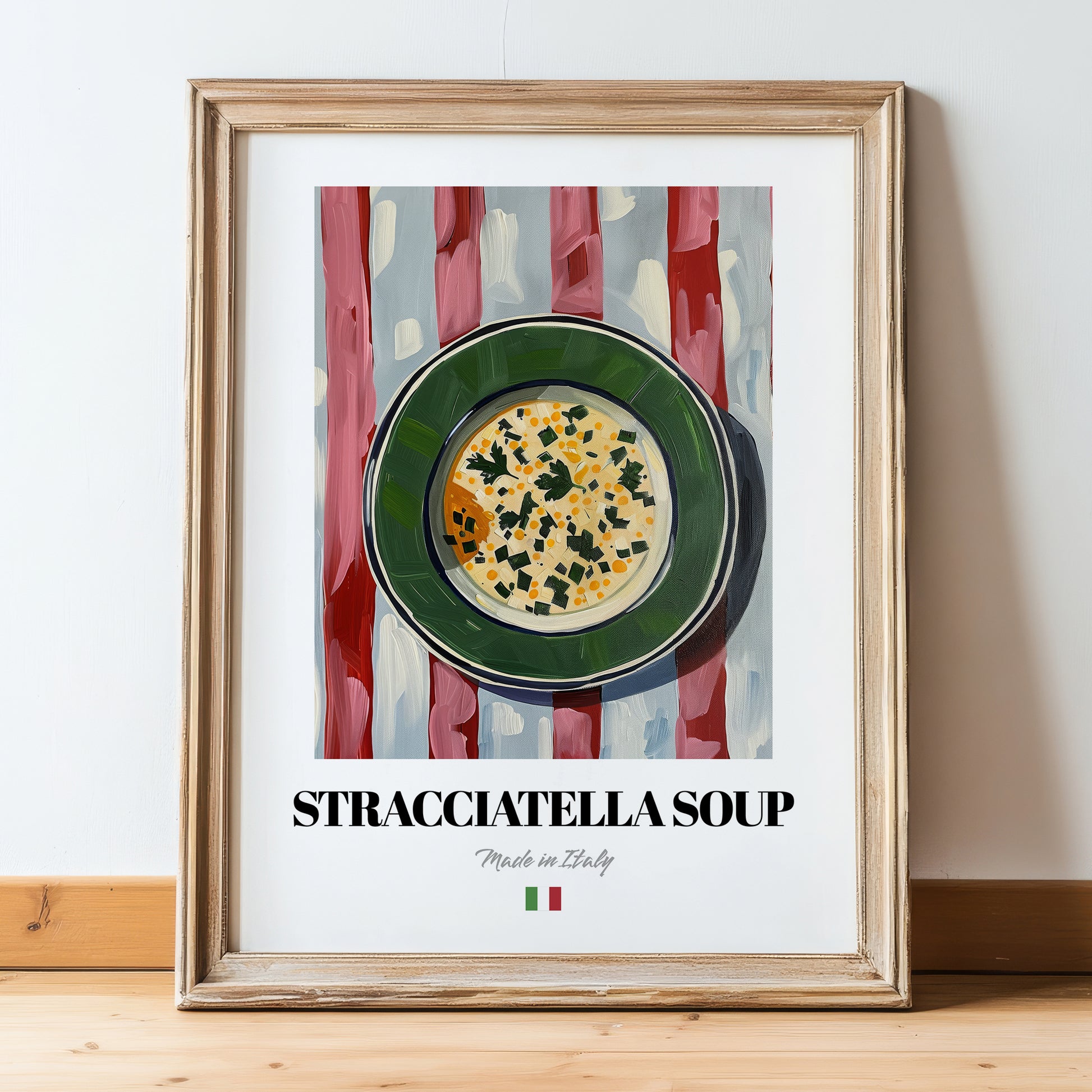 Stracciatella Soup – Italian Soup Dish, Restaurant Print, in wooden frame leaning on the floor