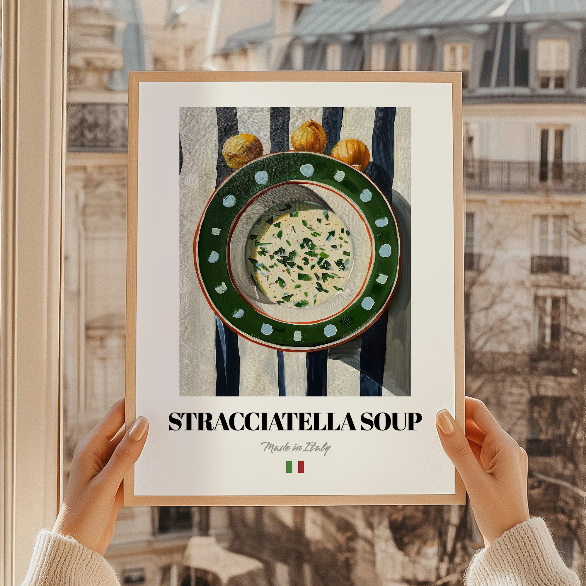 Stracciatella Soup – Italian Soup Dish, Bistro Painting, styled in a charming Paris street view