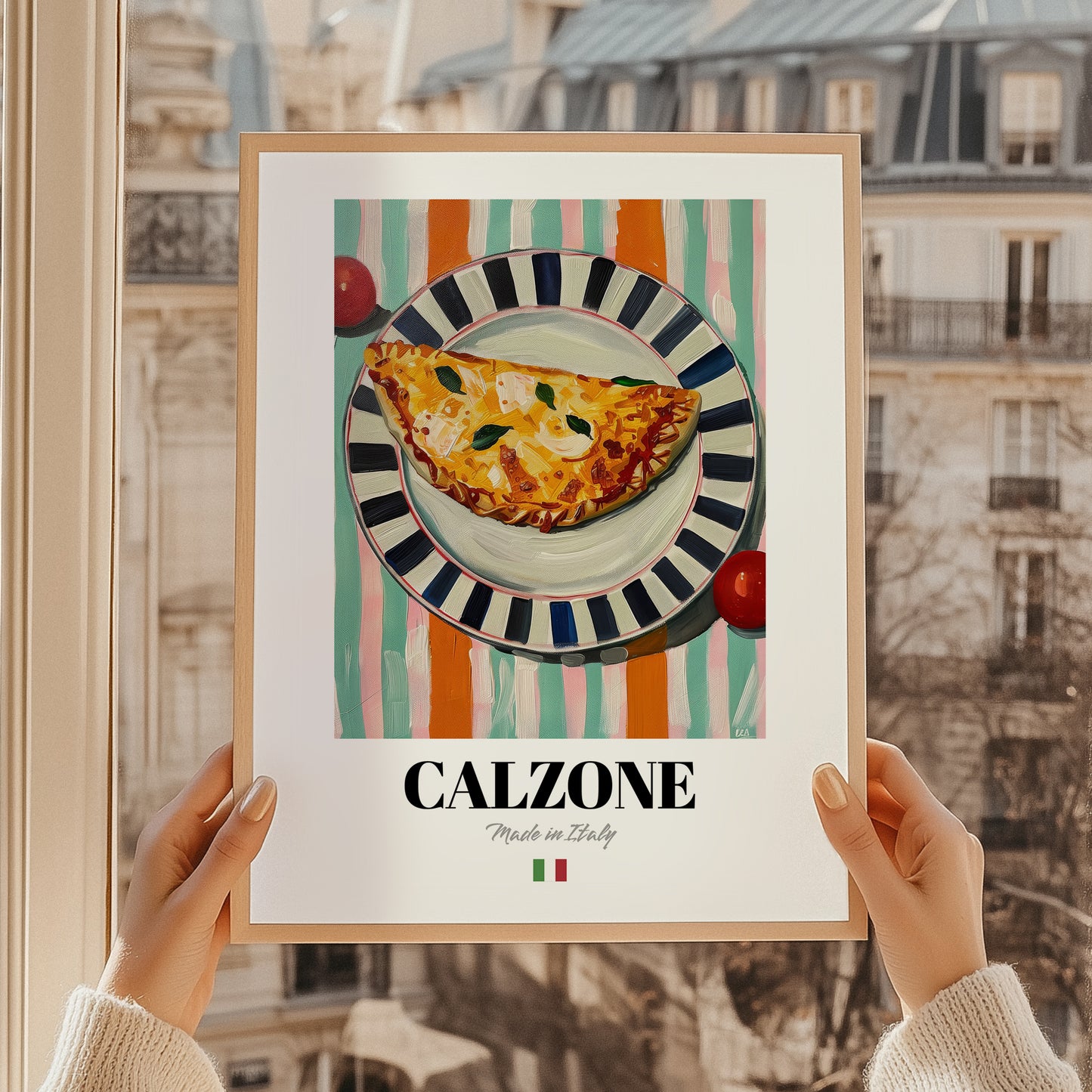 Calzone – Italian Pizza, Pizzeria Print, styled in a charming Paris street view