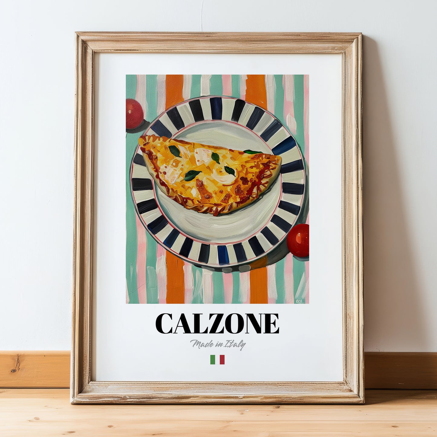 Calzone – Italian Pizza, Pizzeria Print, in wooden frame leaning on the floor