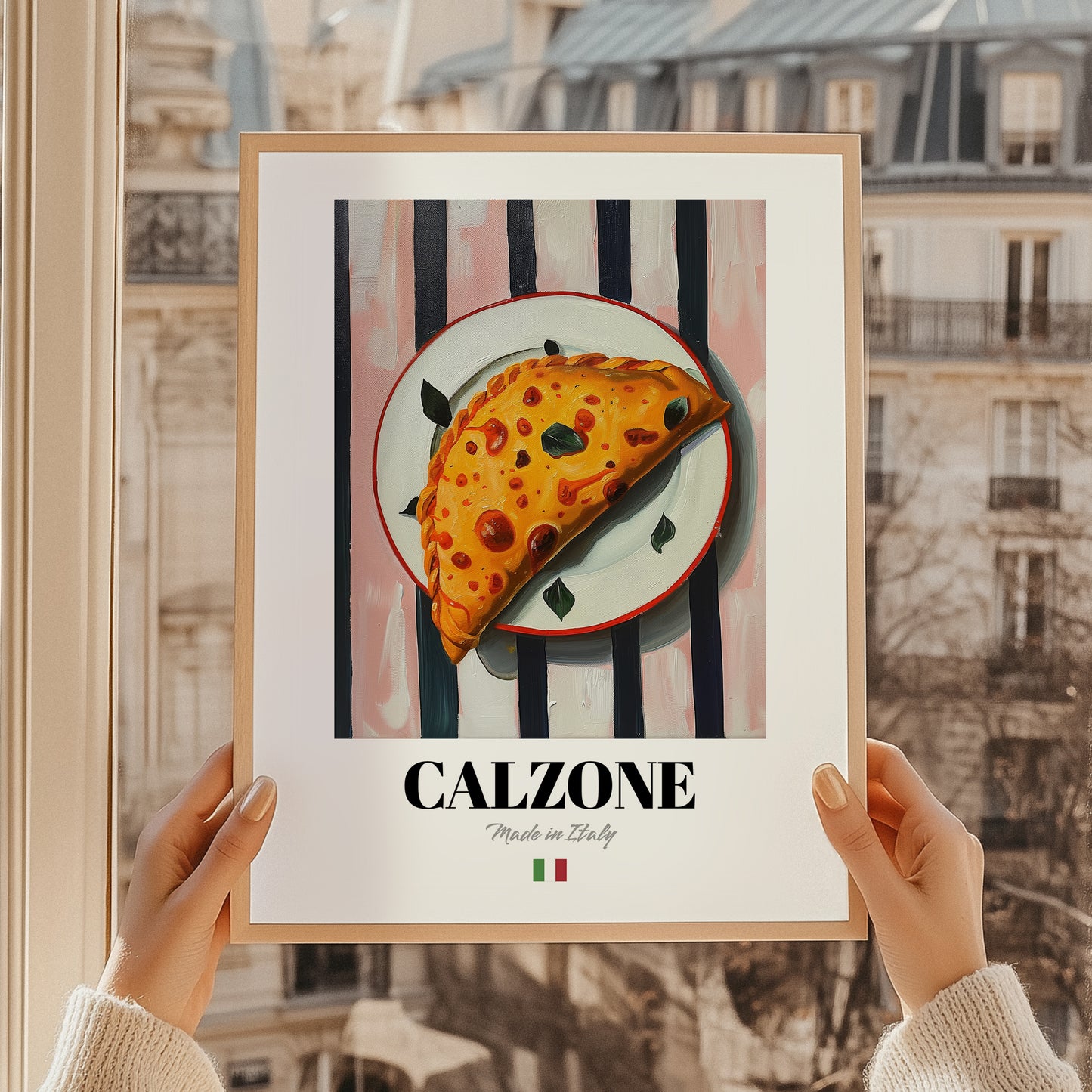 Calzone – Italian Pizza, Restaurant Poster, styled in a charming Paris street view